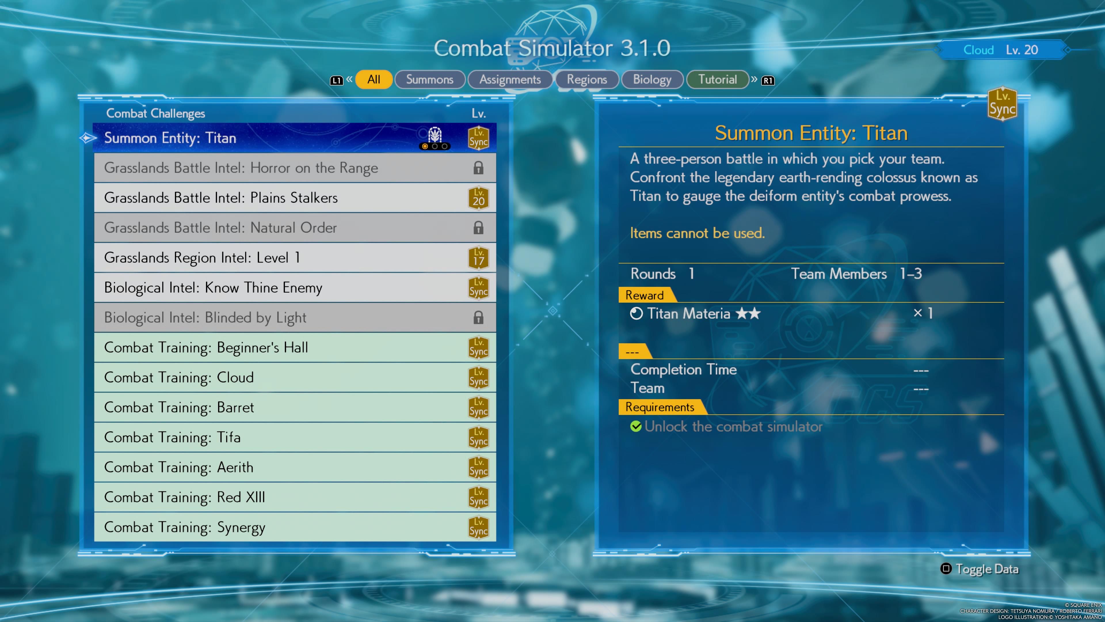 Hovering over the Summon Titan battle in the FF7 Rebirth Combat Simulator UI