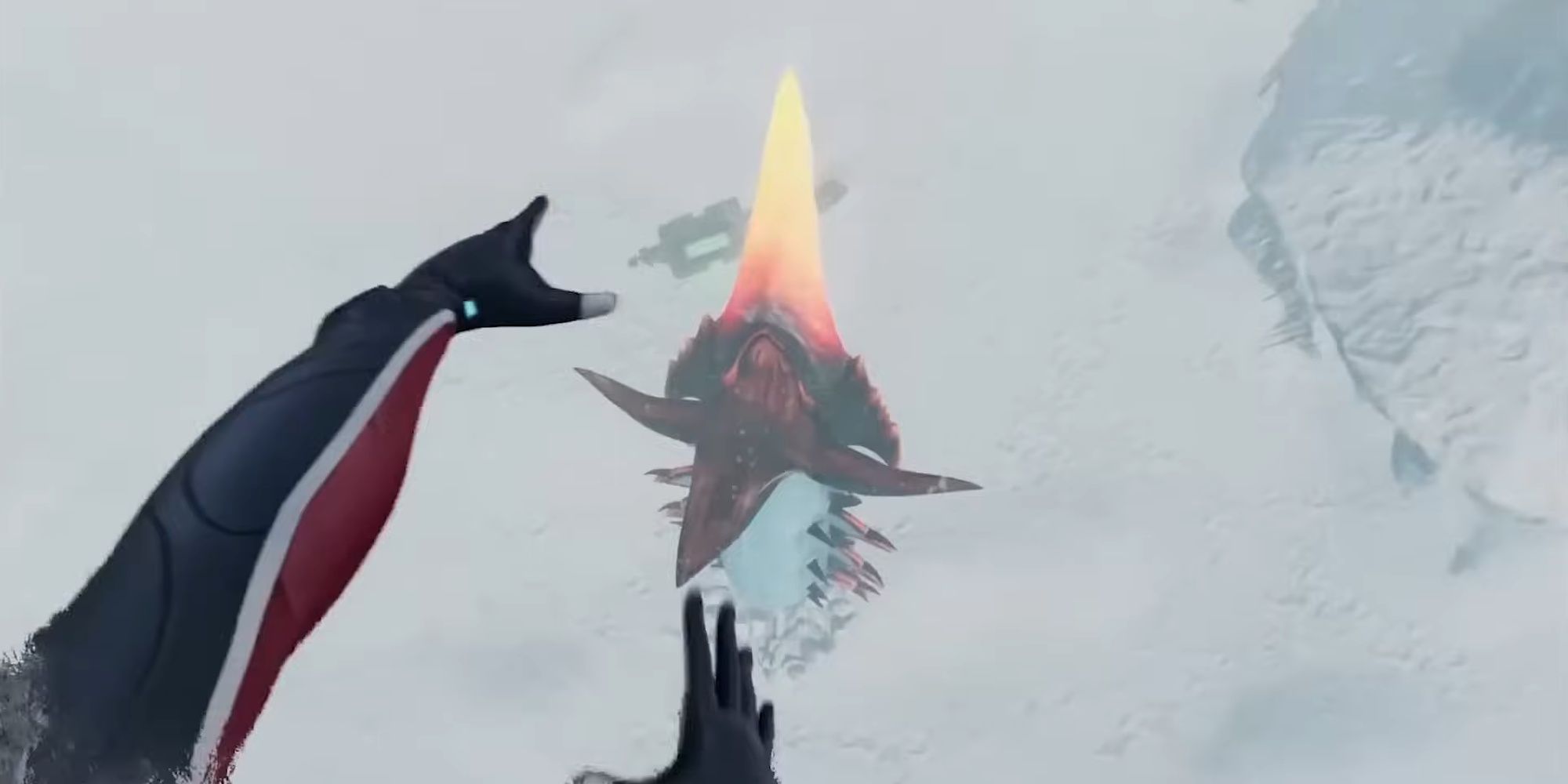 Subnautica: Below Zero - The Ice Worm Launching The Player With Its Horn Attack