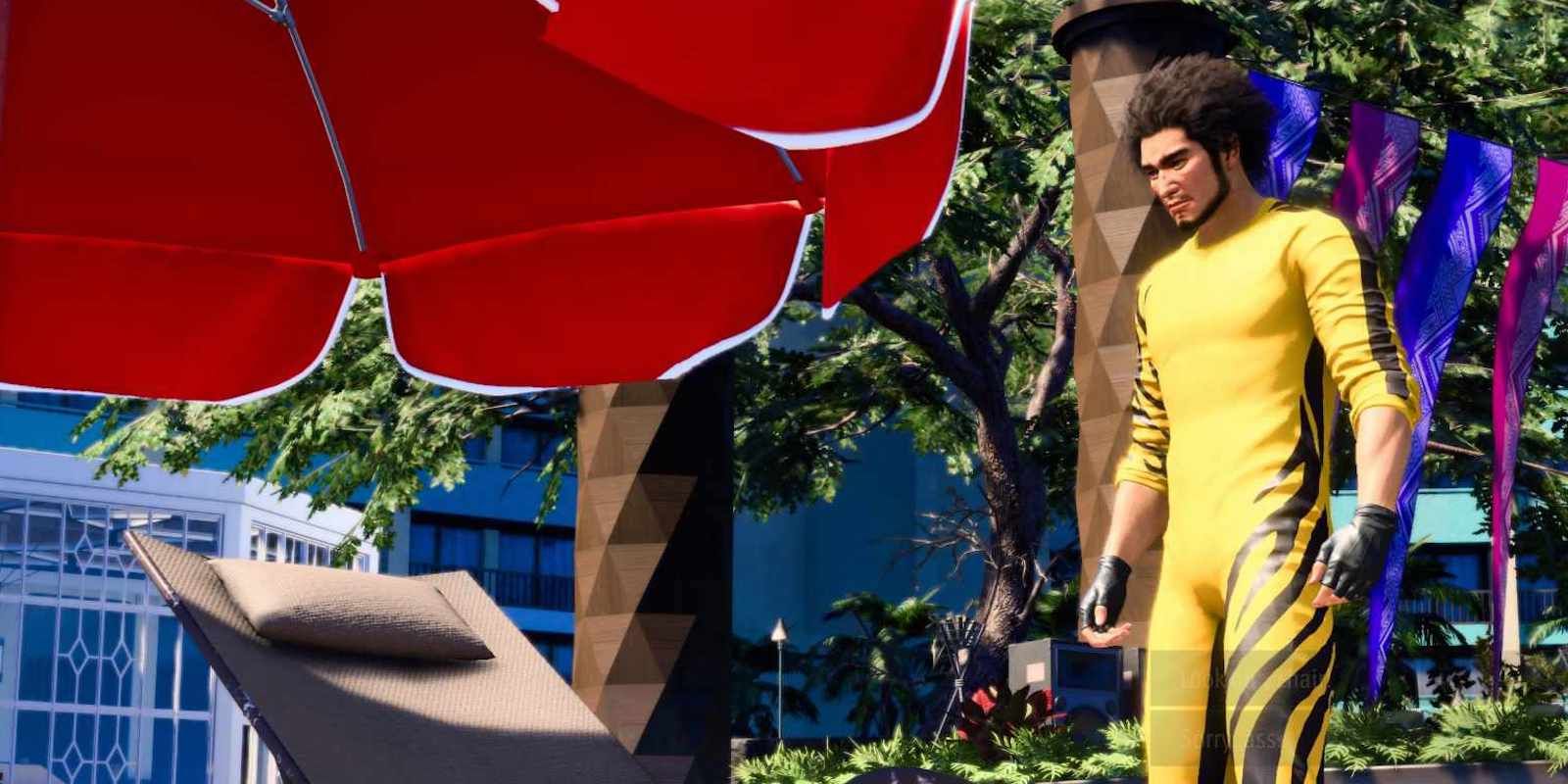 Ichiban in the action star outfit looking at a beach chair