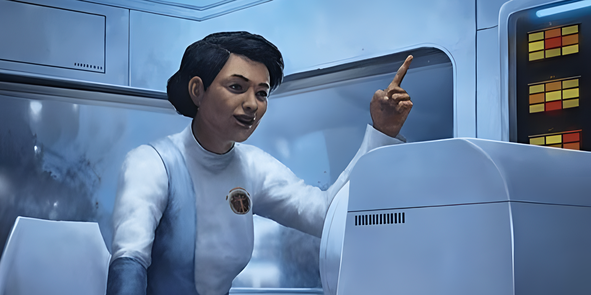 A scientist having a eureka moment at her computer terminal.