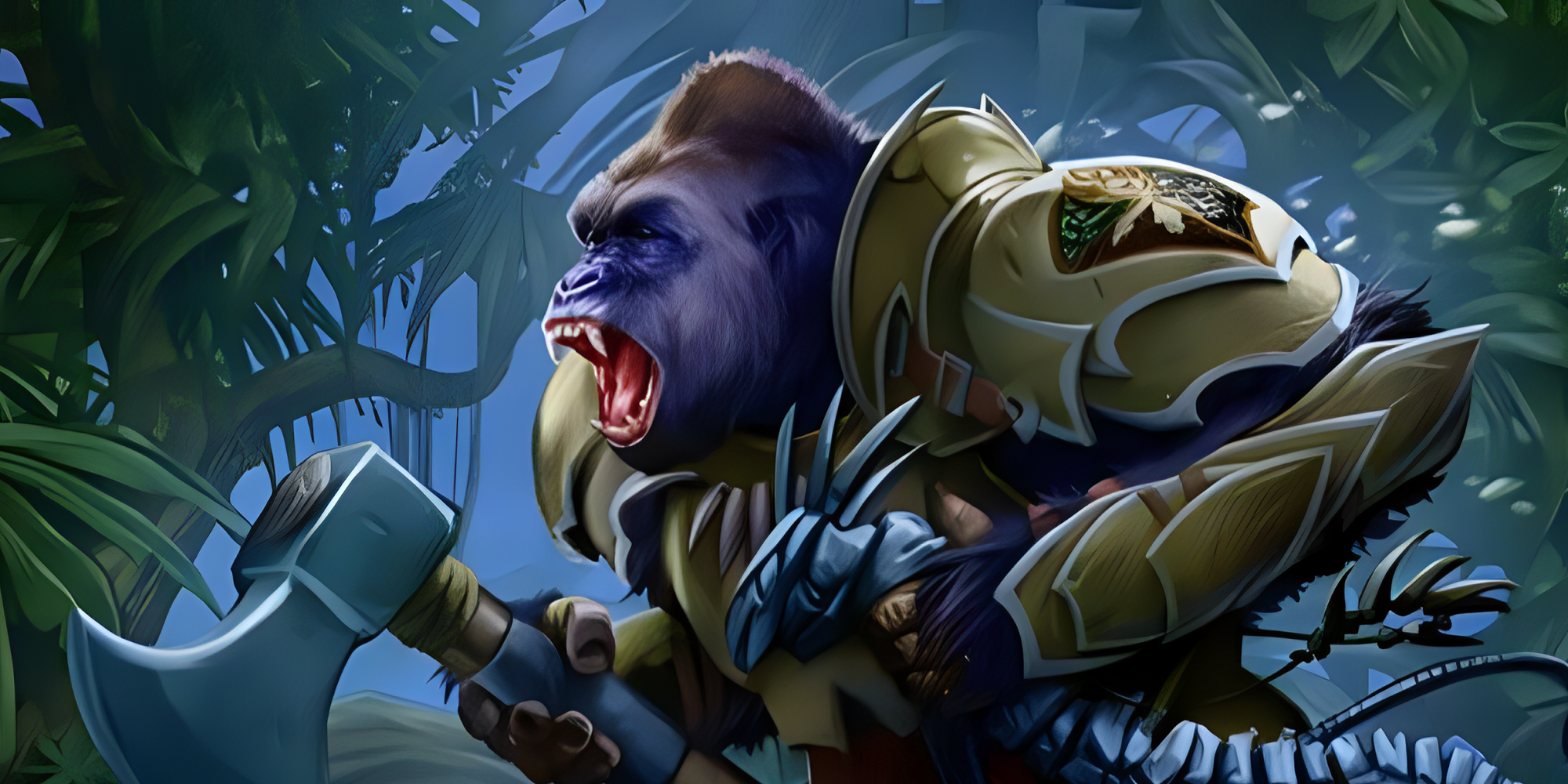 An armored gorilla with an axe in one hand and a broken artifact in the other.