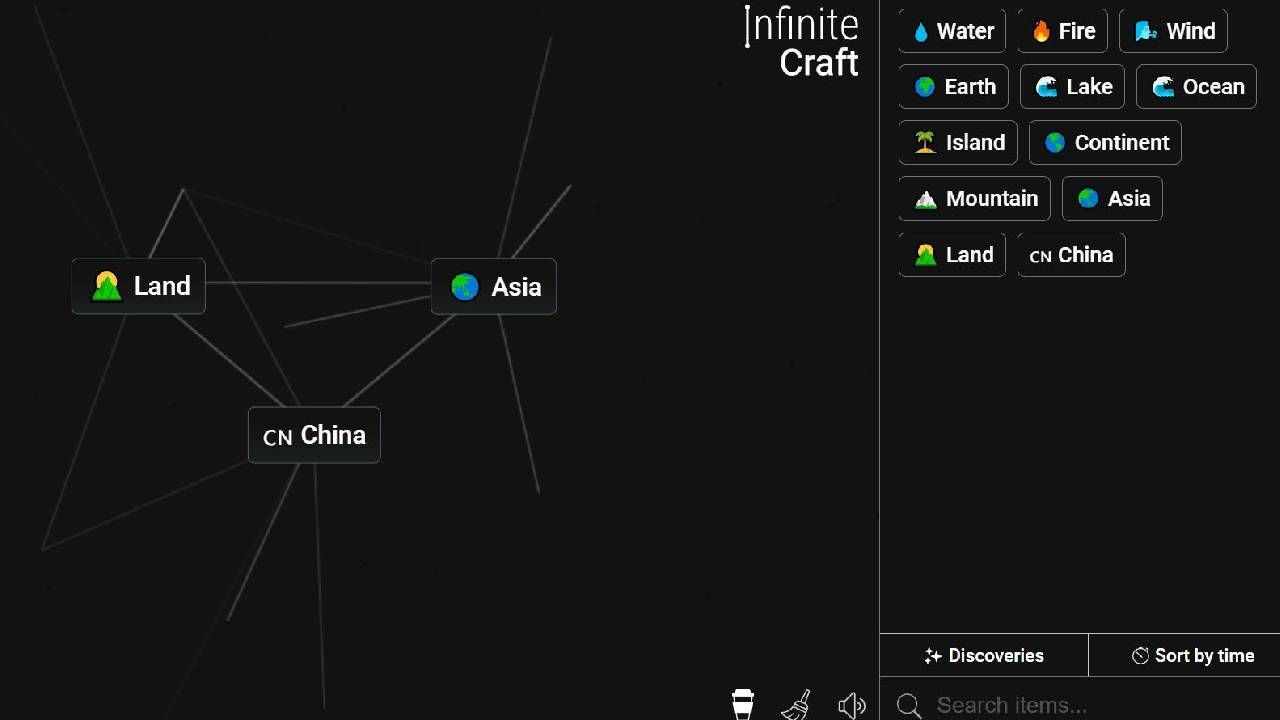 Infinite Craft using Land and Asia to make China and a menu of blocks used to craft Land and Asia