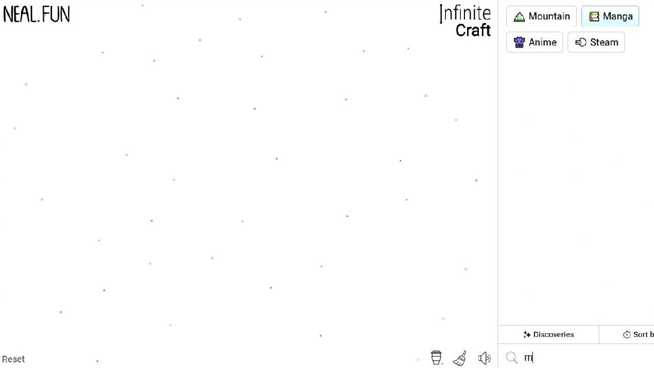 Infinite Craft the letter m typed into the search bar revealing all crafted blocks with m