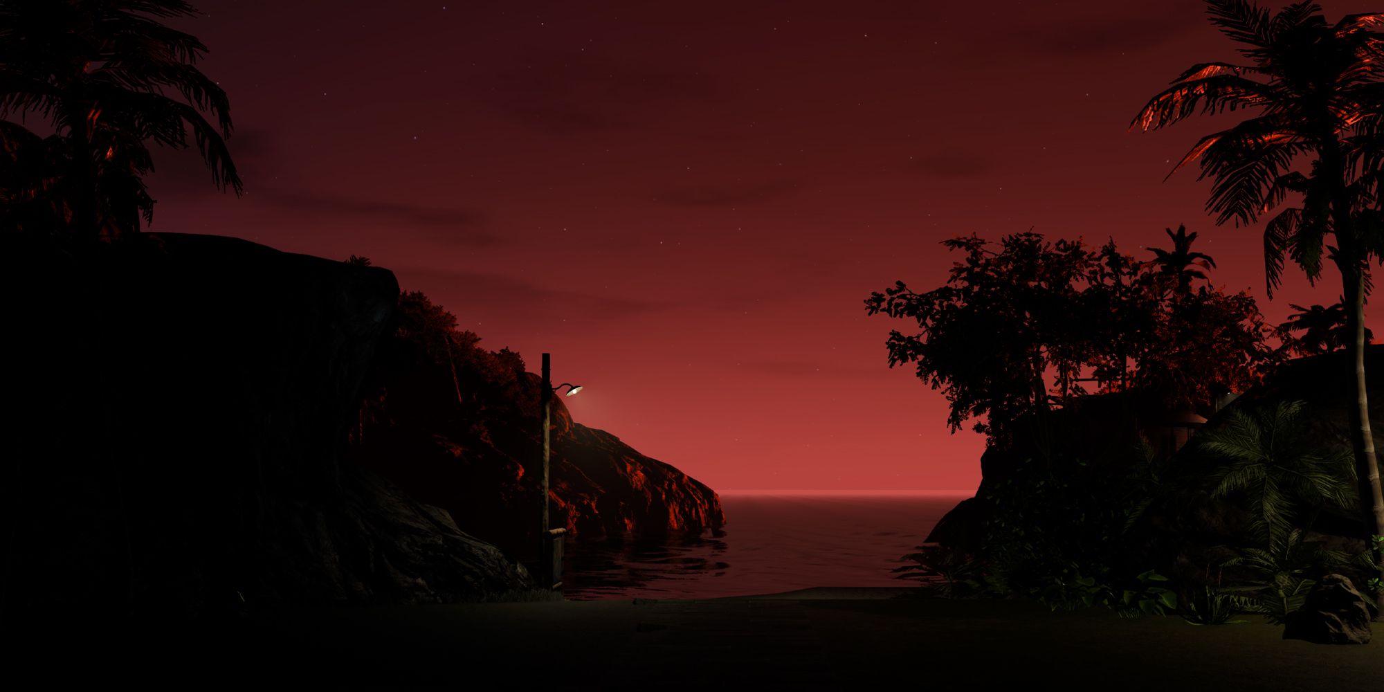 Infinite Wealth DonDoko Island beach with a red sky at night