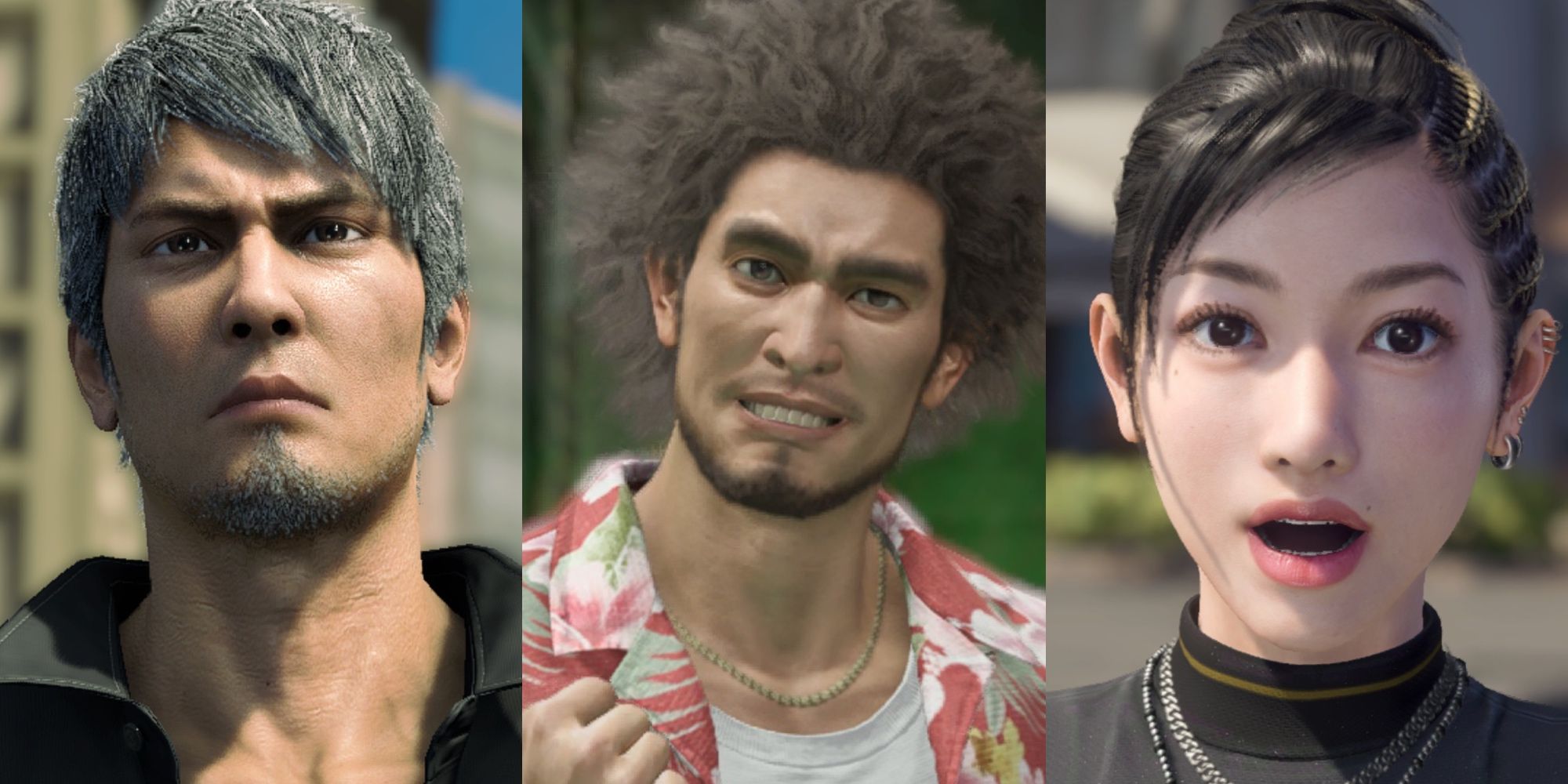 A split image of Kiryu, Kasuga, and Chitose in Like A Dragon: Infinite Wealth.