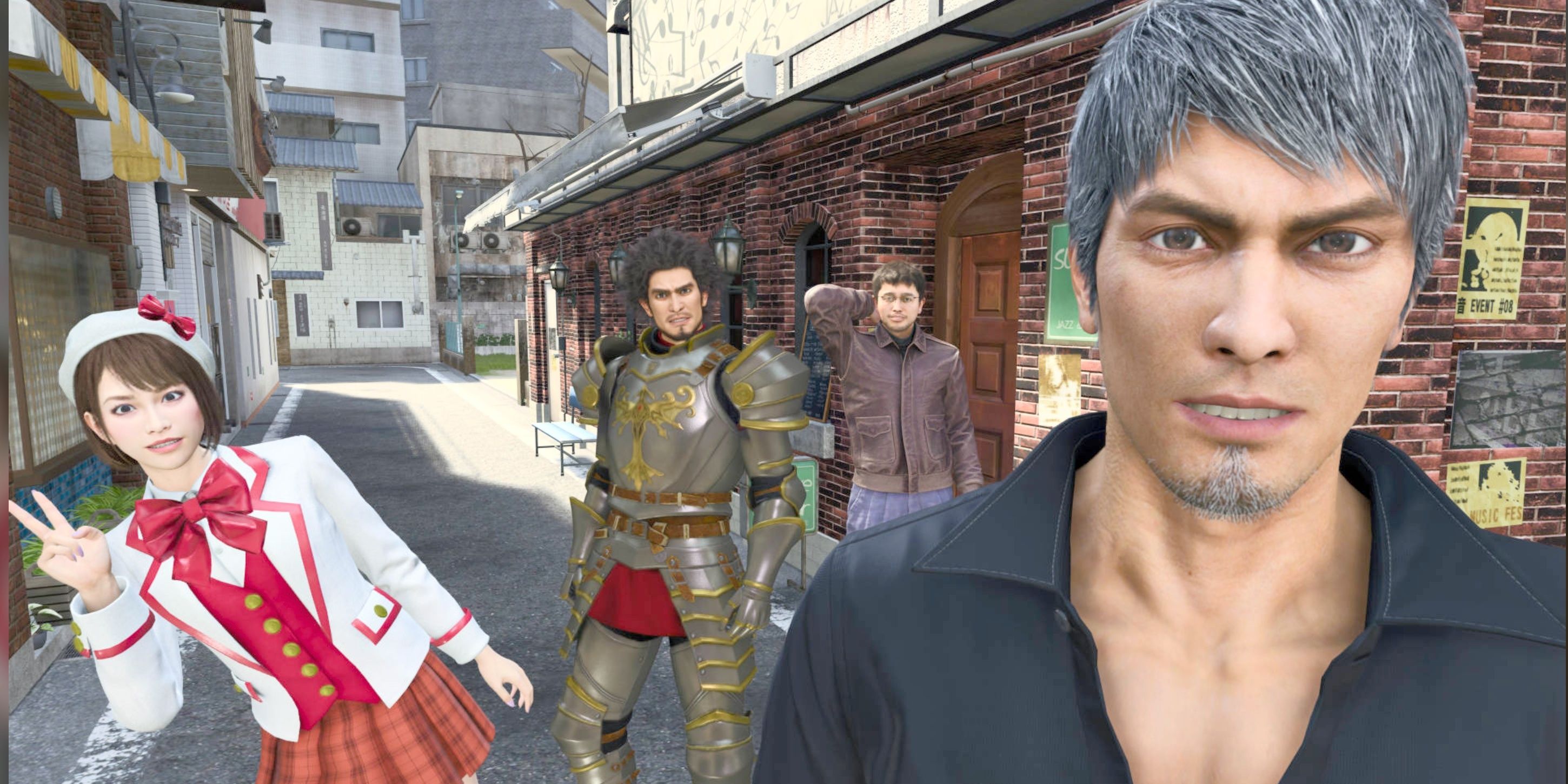 Saeko, Kasuga, Kiryu, and Tomizawa pose outside Survive Bar in Like A Dragon: Infinite Wealth.