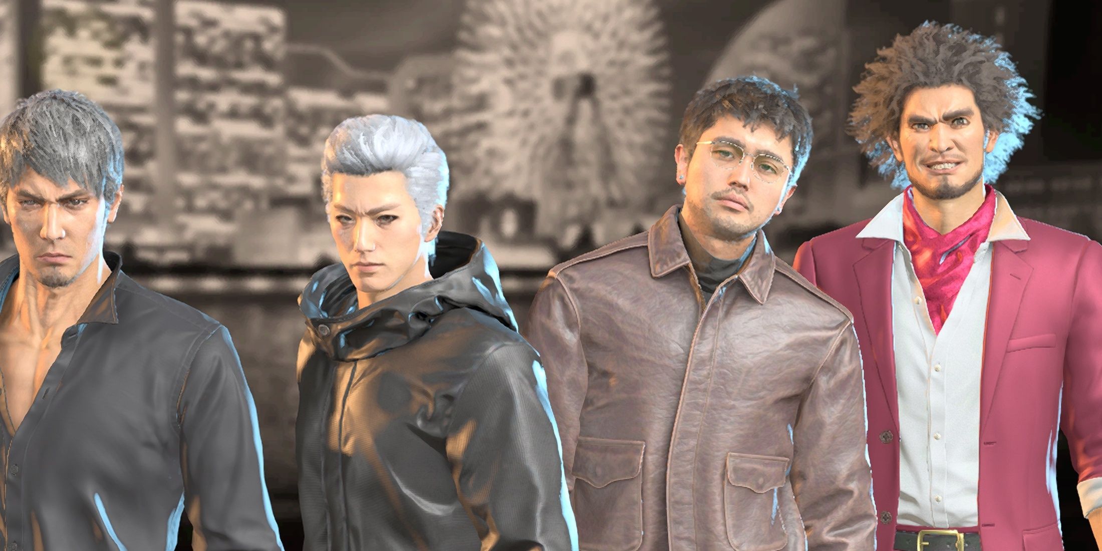 Kiryu, Joongi Han, Tomizawa and Kasuga stand together in the Party Menu of Like A Dragon: Infinite Wealth.