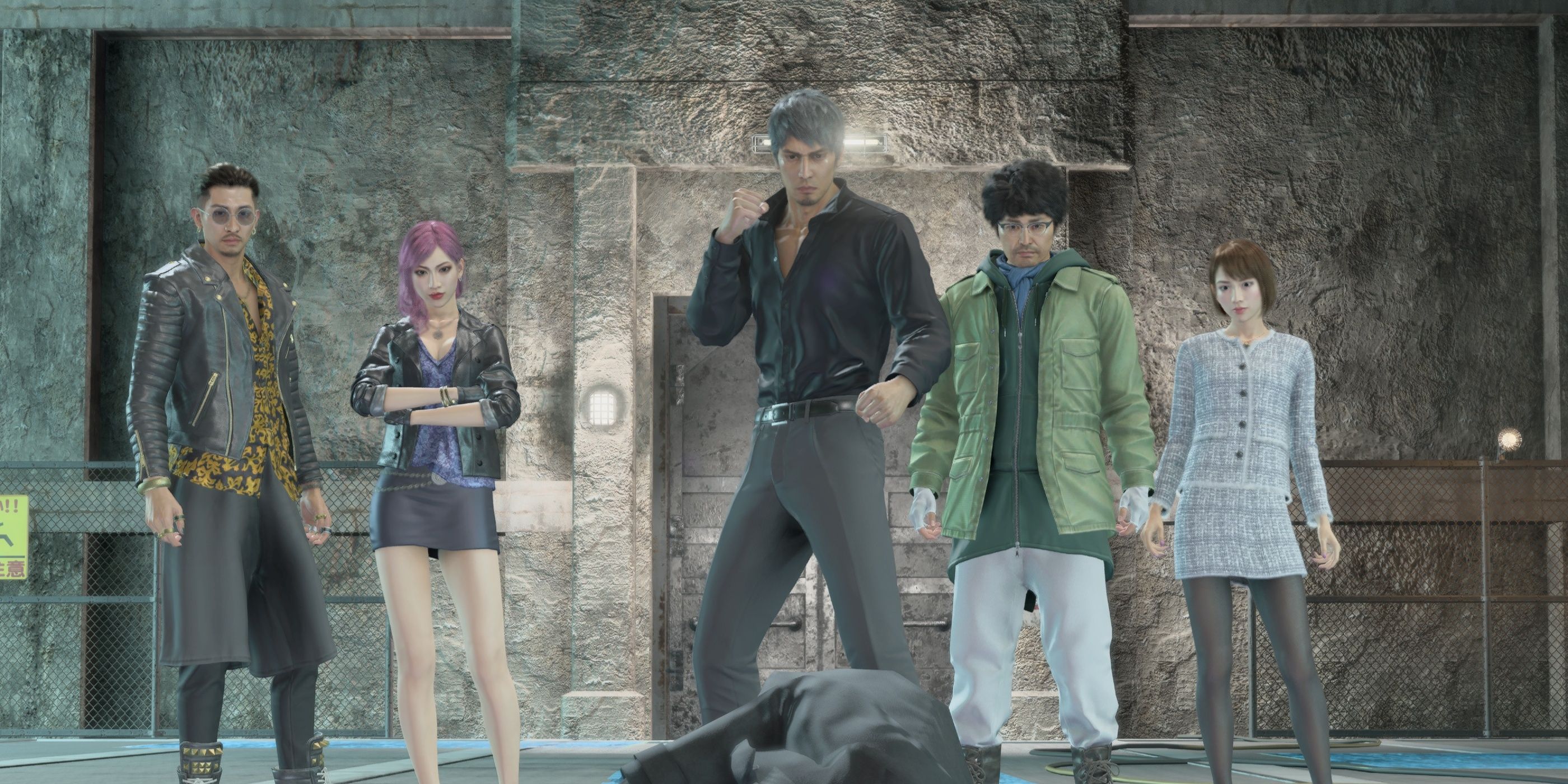 Zhao, Seonhee, Kiryu, Nanba, and Saeko standing together post-fight in Like A Dragon: Infinite Wealth.