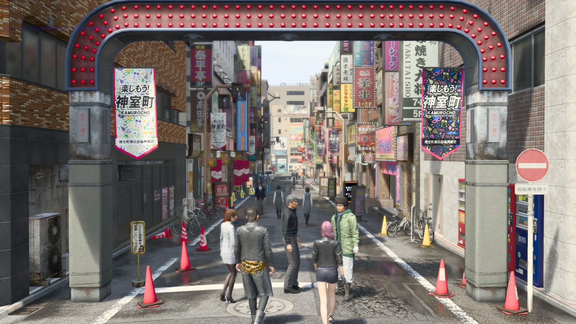 Kiryu walks into Kamurocho with Zhao, Nanba, Saeko, and Seonhee in Like A Dragon:Infinite Wealth