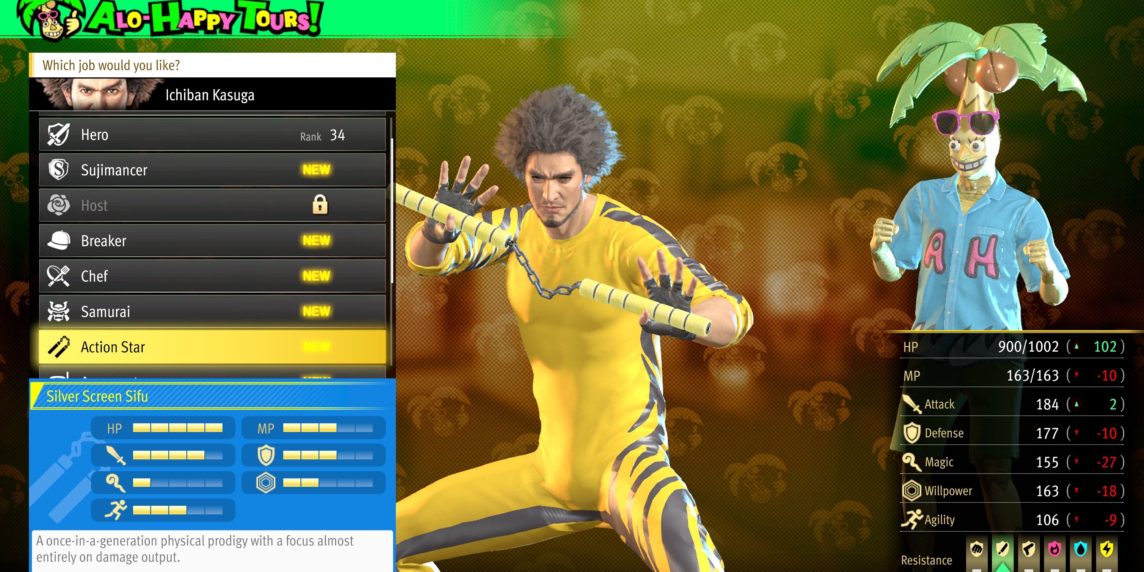 Kasuga Action Star Job Menu in Like A Dragon: Infinite Wealth.