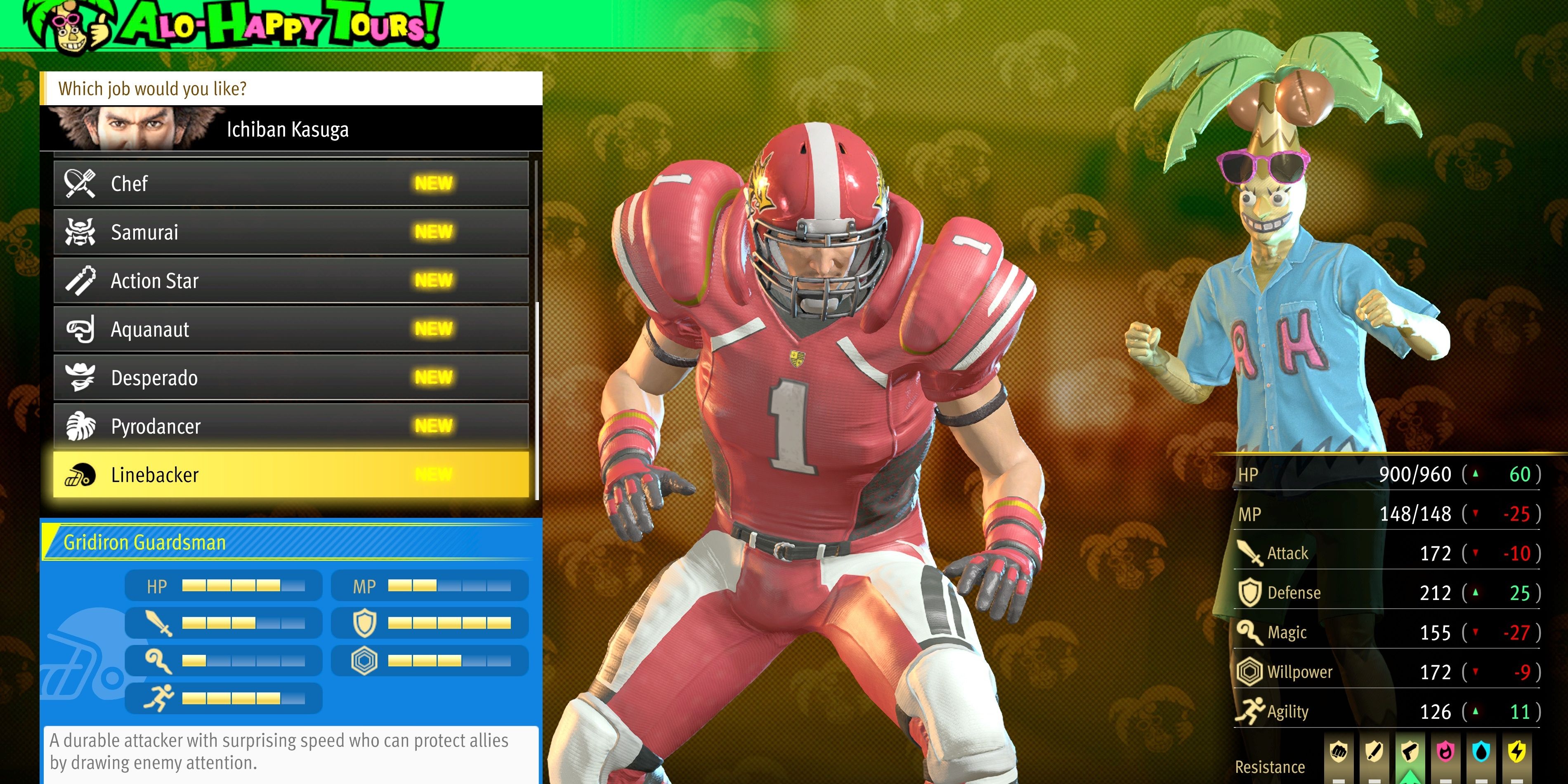 Kasuga Linebacker Job Menu in Like A Dragon: Infinite Wealth.