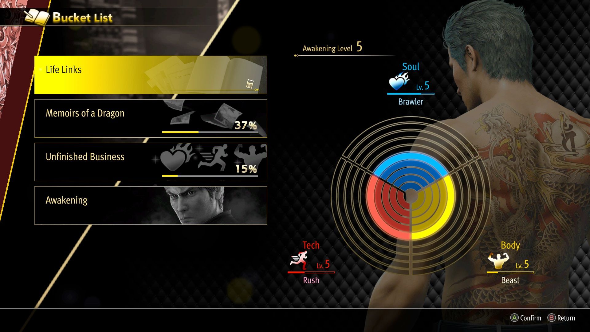 The four aspects of Kiryu's Bucket List: Life Links, Memoirs of a Dragon, Unfinished Business and Awakening in the menu of Like A Dragon: Infinite Wealth.
