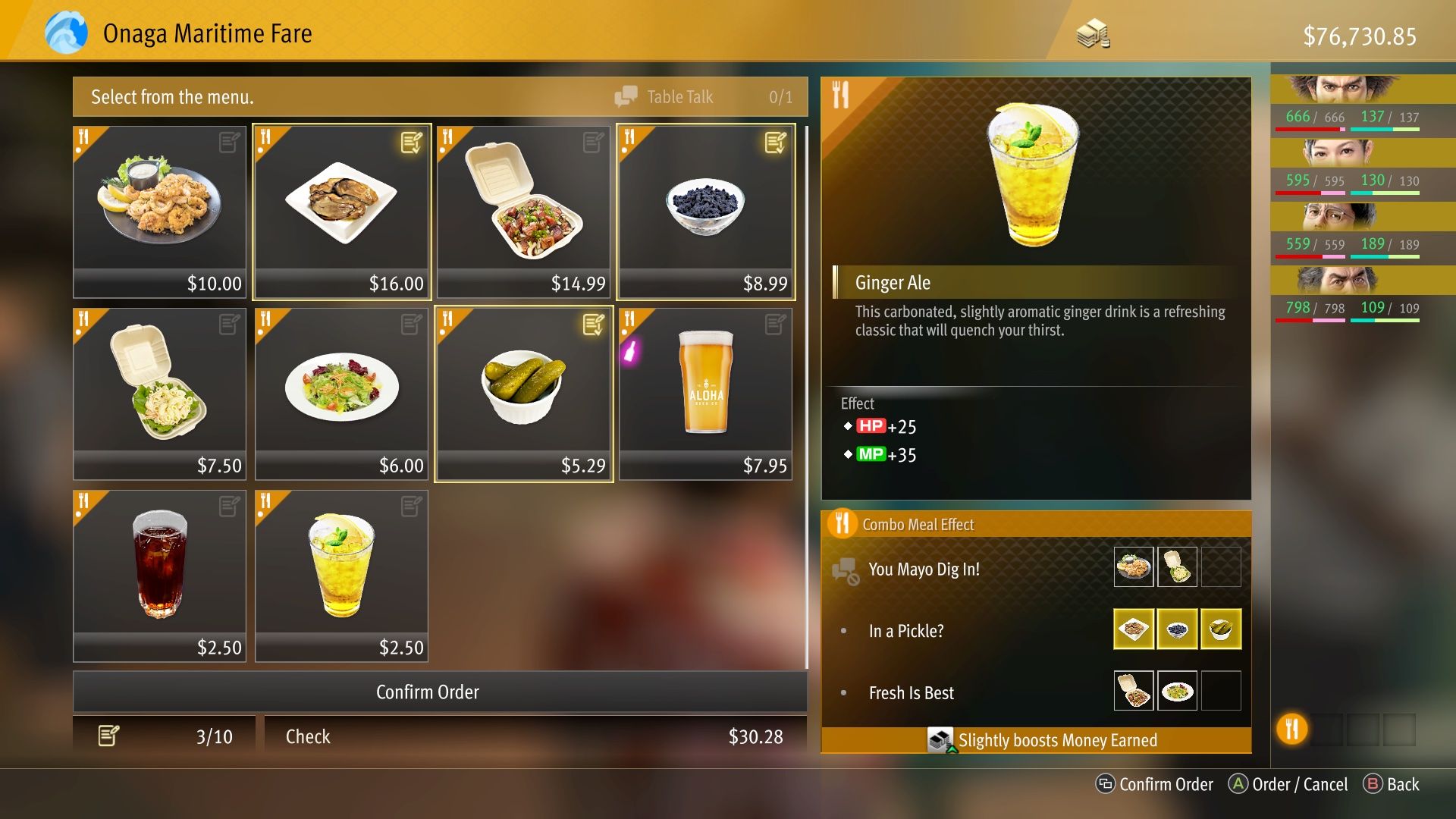 Checking the Meal Bonuses on the menu in Like A Dragon: Infinite Wealth.