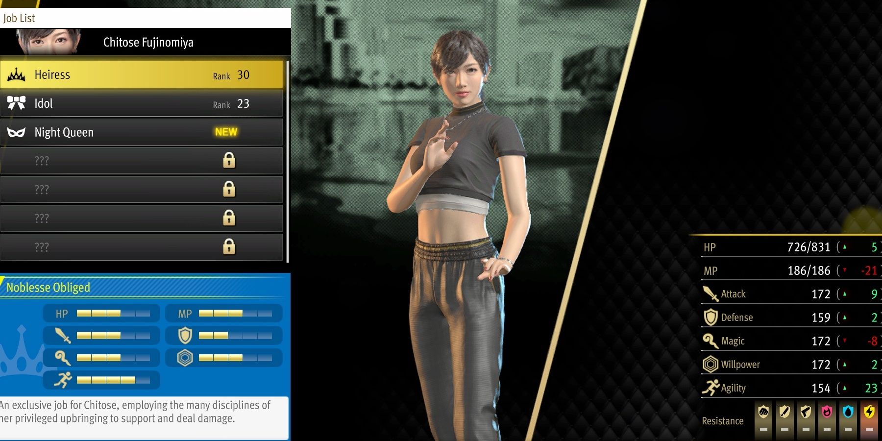 Chitose's Starting Job Heiress stats page in Like A Dragon: Infinite Wealth.