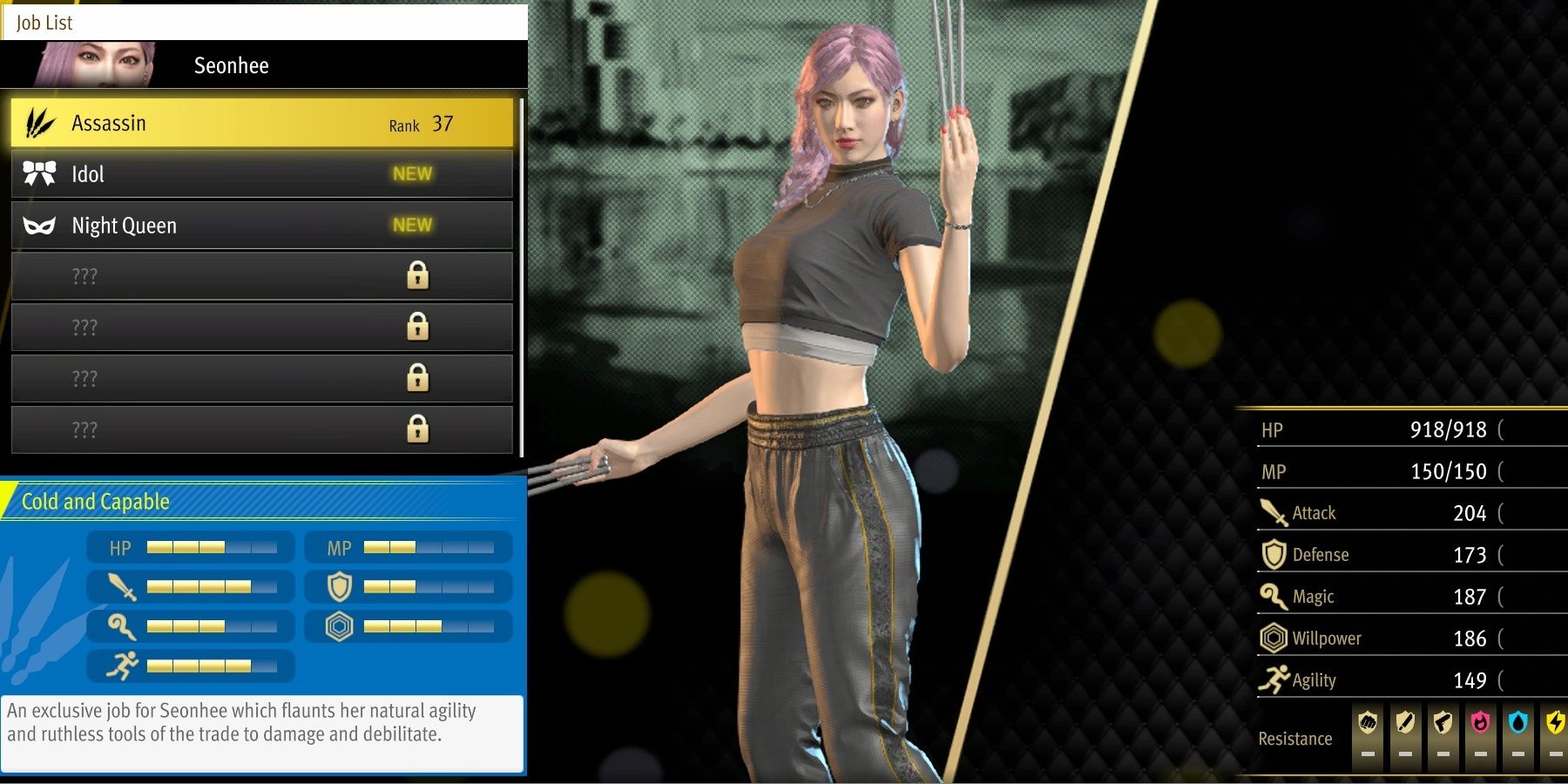 Seonhee's Starting Job Assassin stats page in Like A Dragon: Infinite Wealth.