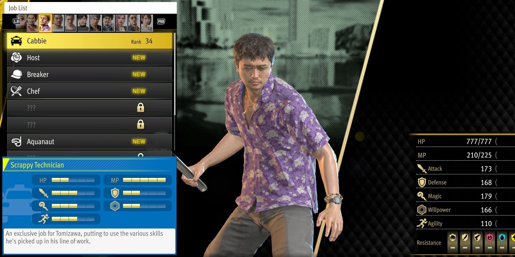 Eric Tomizawa's Starting Job Cabbie stats page in Like A Dragon: Infinite Wealth.