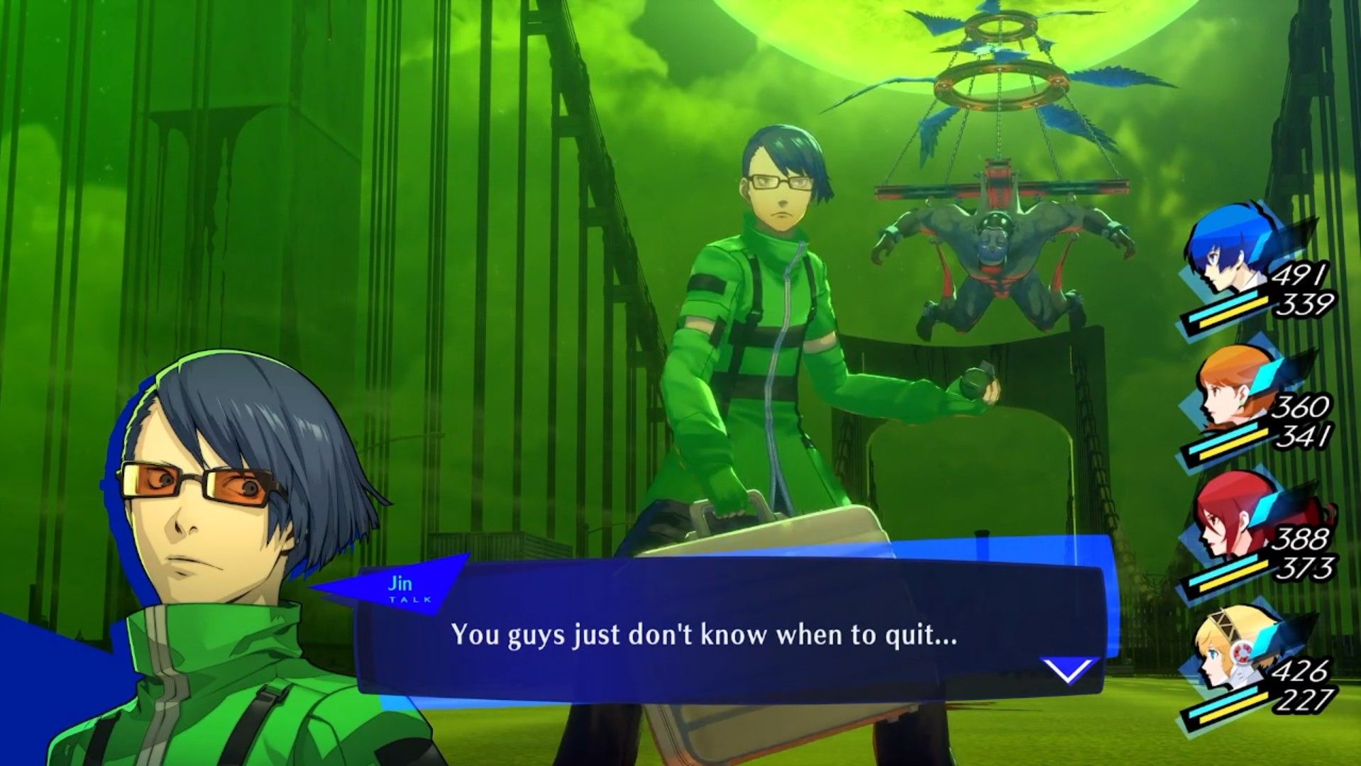jin taunting sees with arcana hanged man in the background