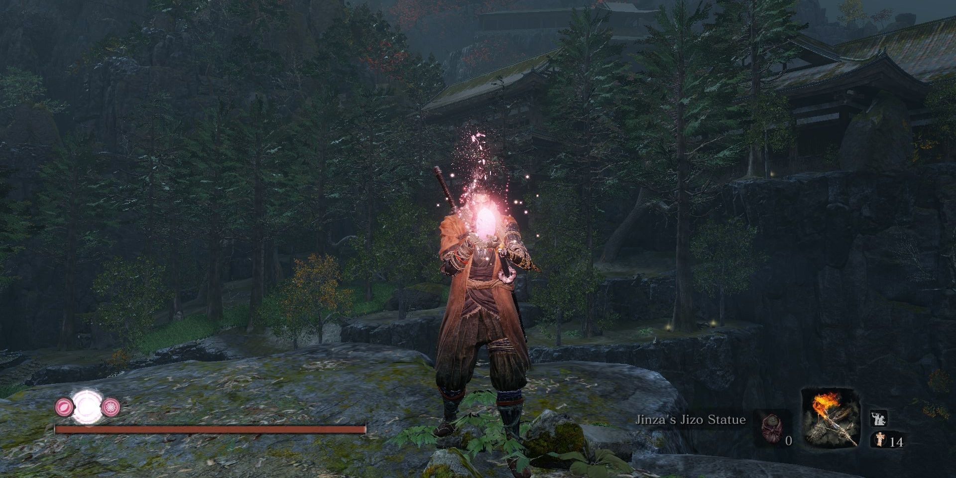 Wolf using Jinza's Jizo Statue in Sekiro Shadows Die Twice