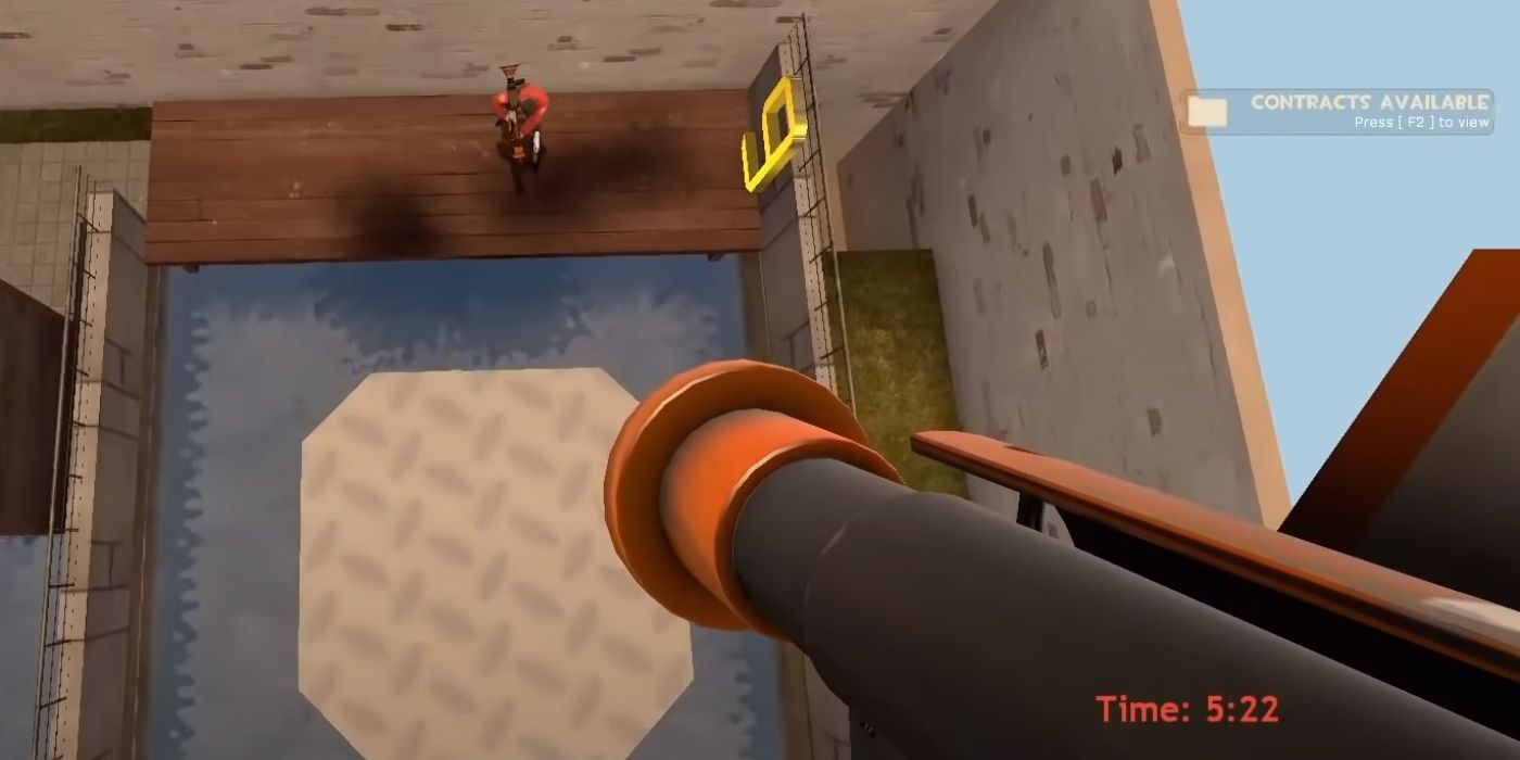 A player on a Jump server using a rocket launcher to propel themselves into the air.