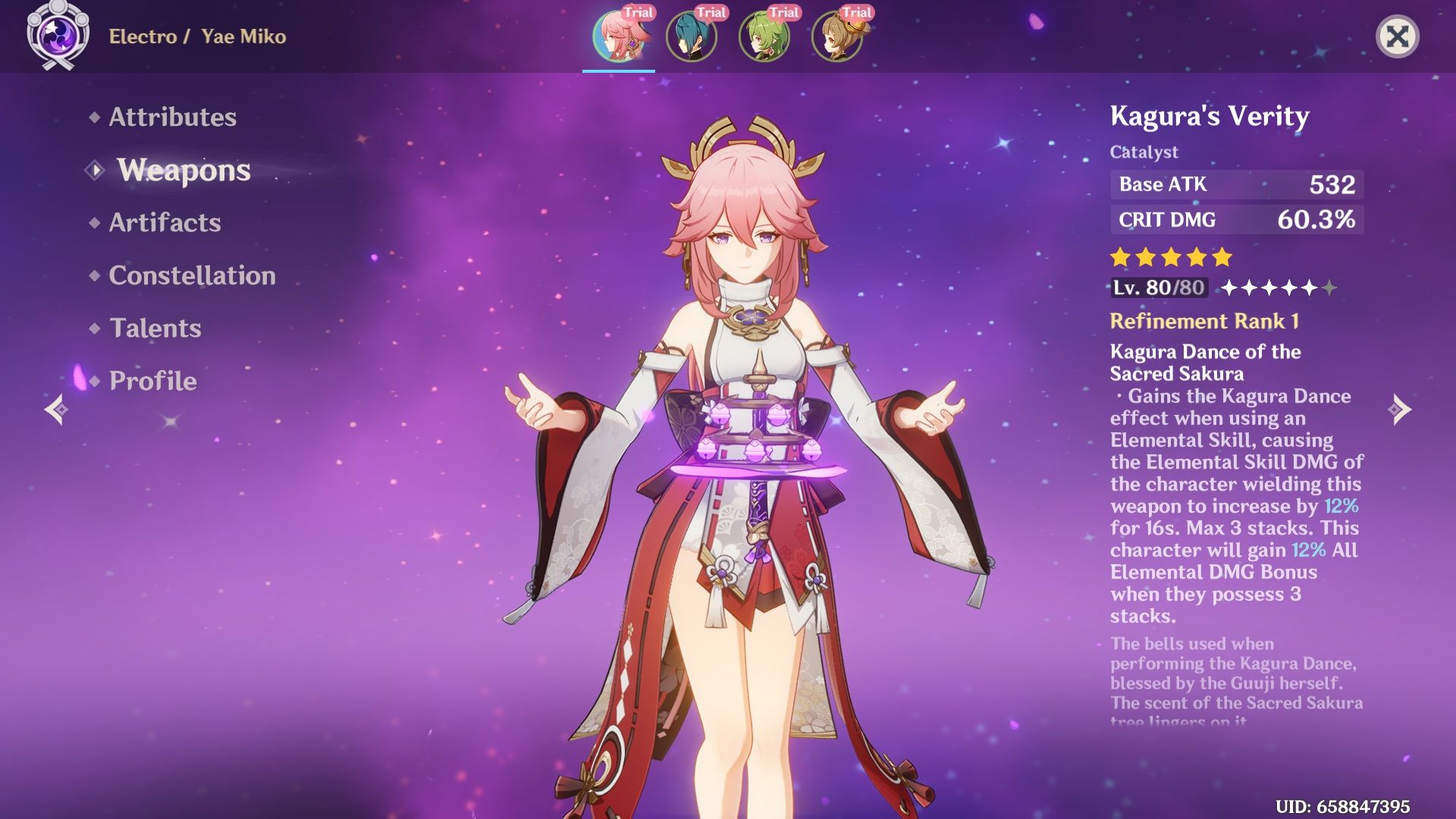 Kagura's Verity weapon menu in Genshin Impact.