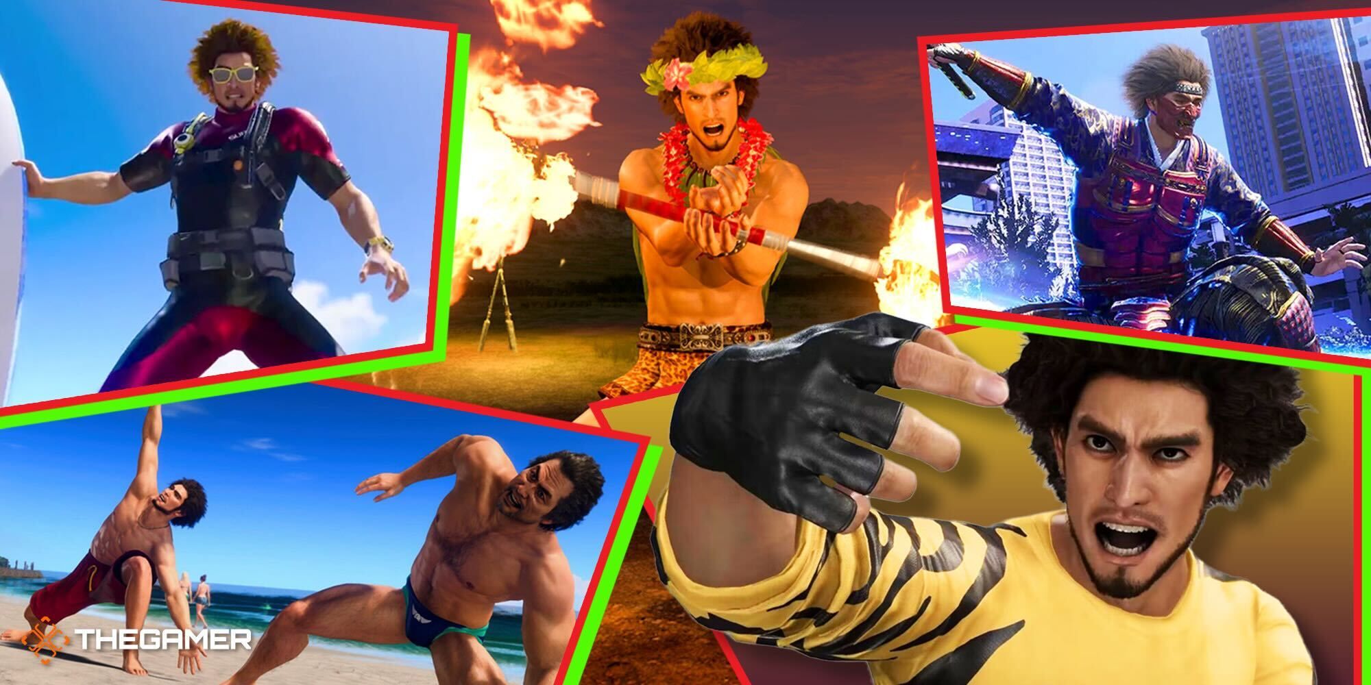 A collage of Kasuga performing various jobs and doing yoga with Adachi Like A Dragon: Infinite Wealth.