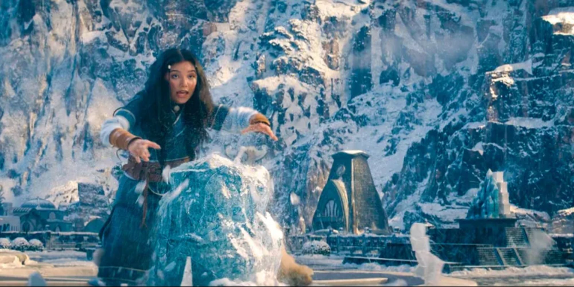 katara waterbending duel with Master Paku in the northern water tribe, pillar of ice