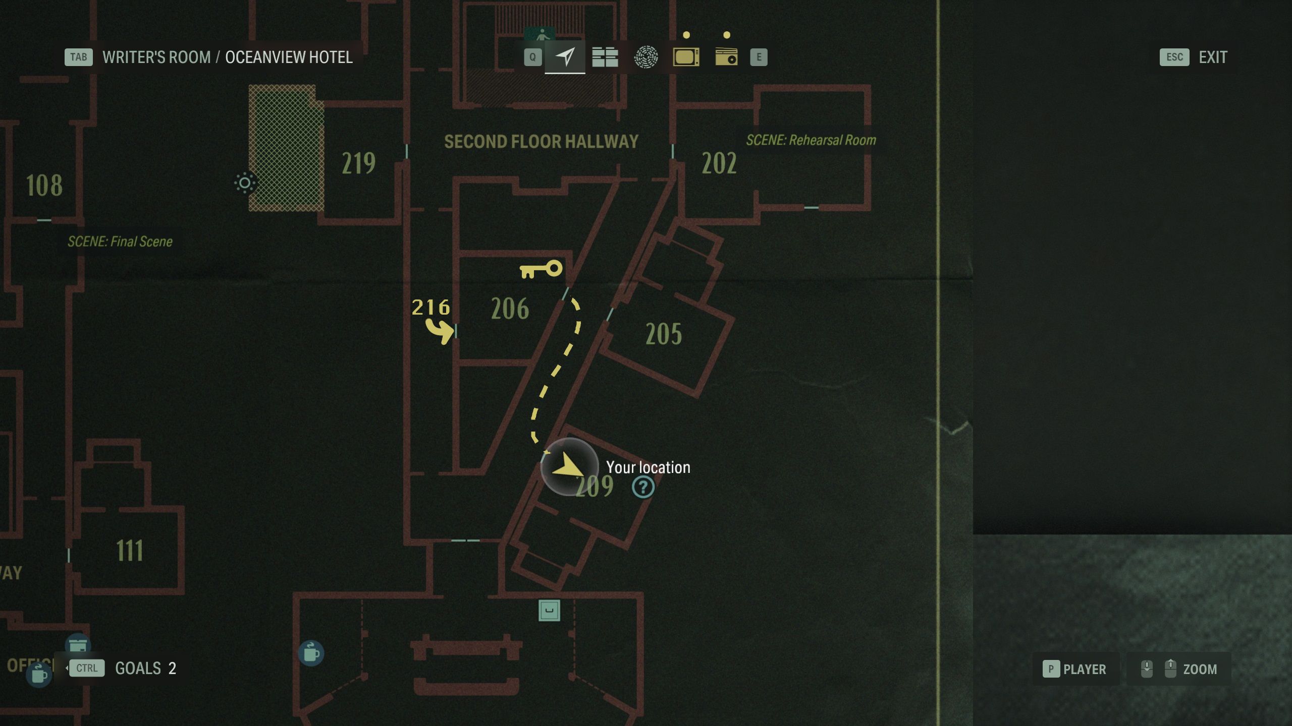 A map showing the second floor of the Oceanview Hotel, annotated to show where Sheriff Breaker is and where the key to unlock Room 209 is located