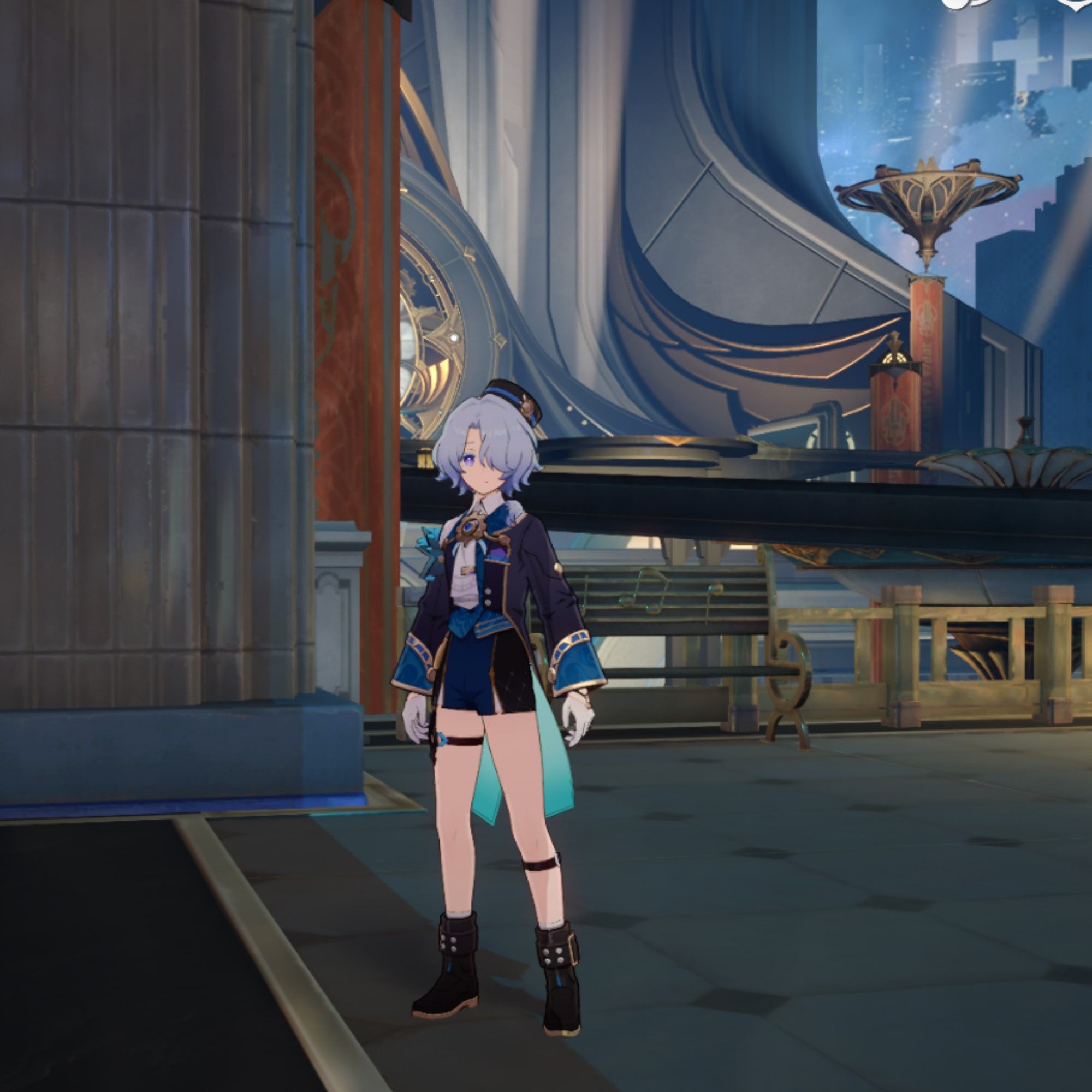 Misha stands near a bench in Honkai Star Rail.