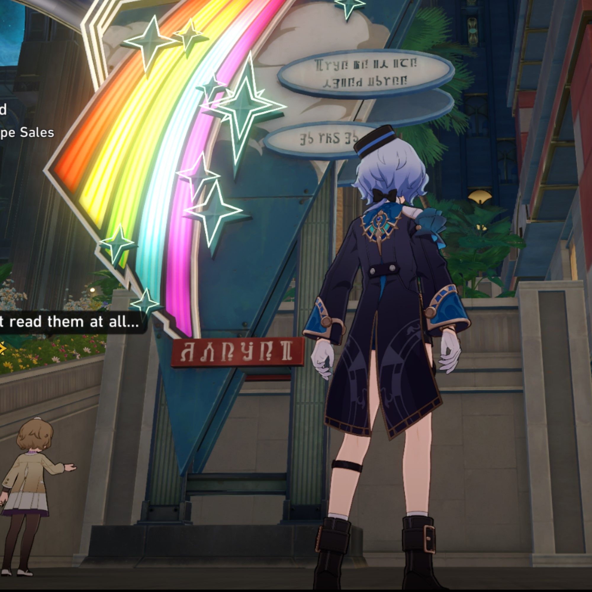 Misha stands in front of a neon sign in Honkai Star Rail.
