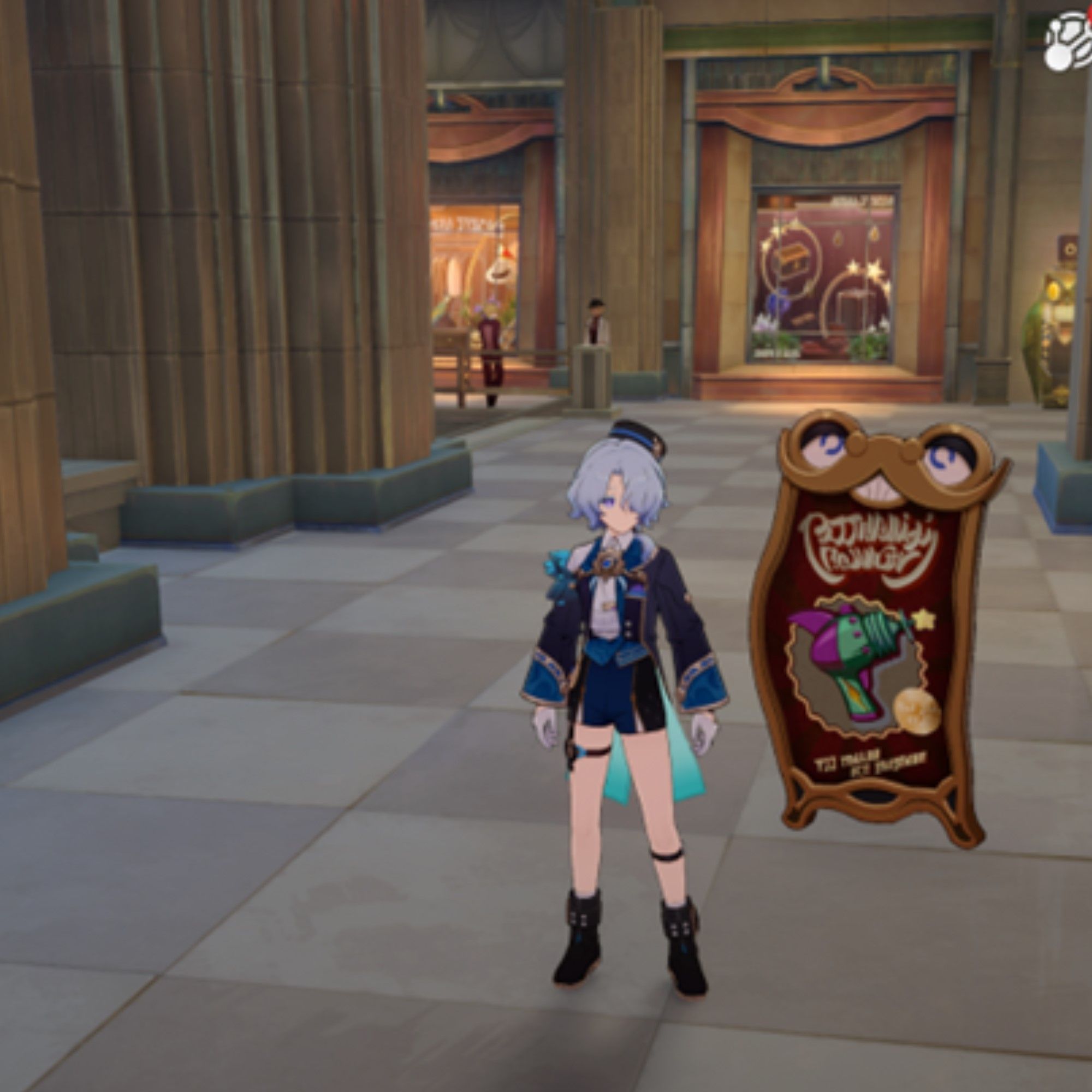 Misha stands next to a dancing sentient advertisement in Honkai Star Rail.