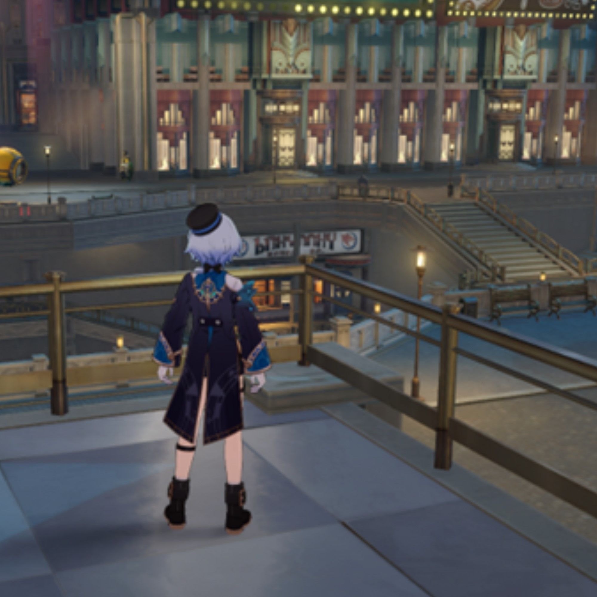 Misha stands on a balcony overlooking the city in Honkai Star Rail.
