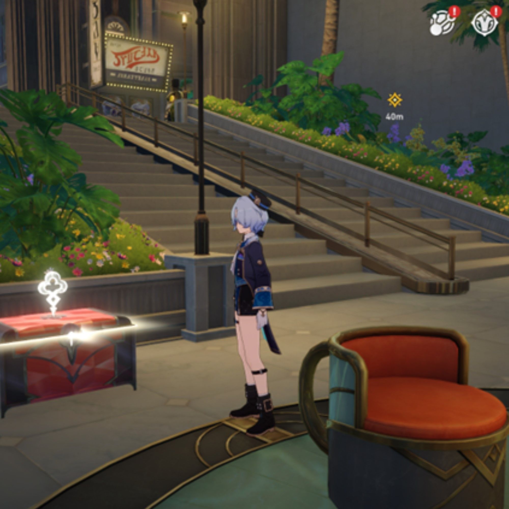 Misha stands at the bottom of a staircase in Honkai Star Rail.