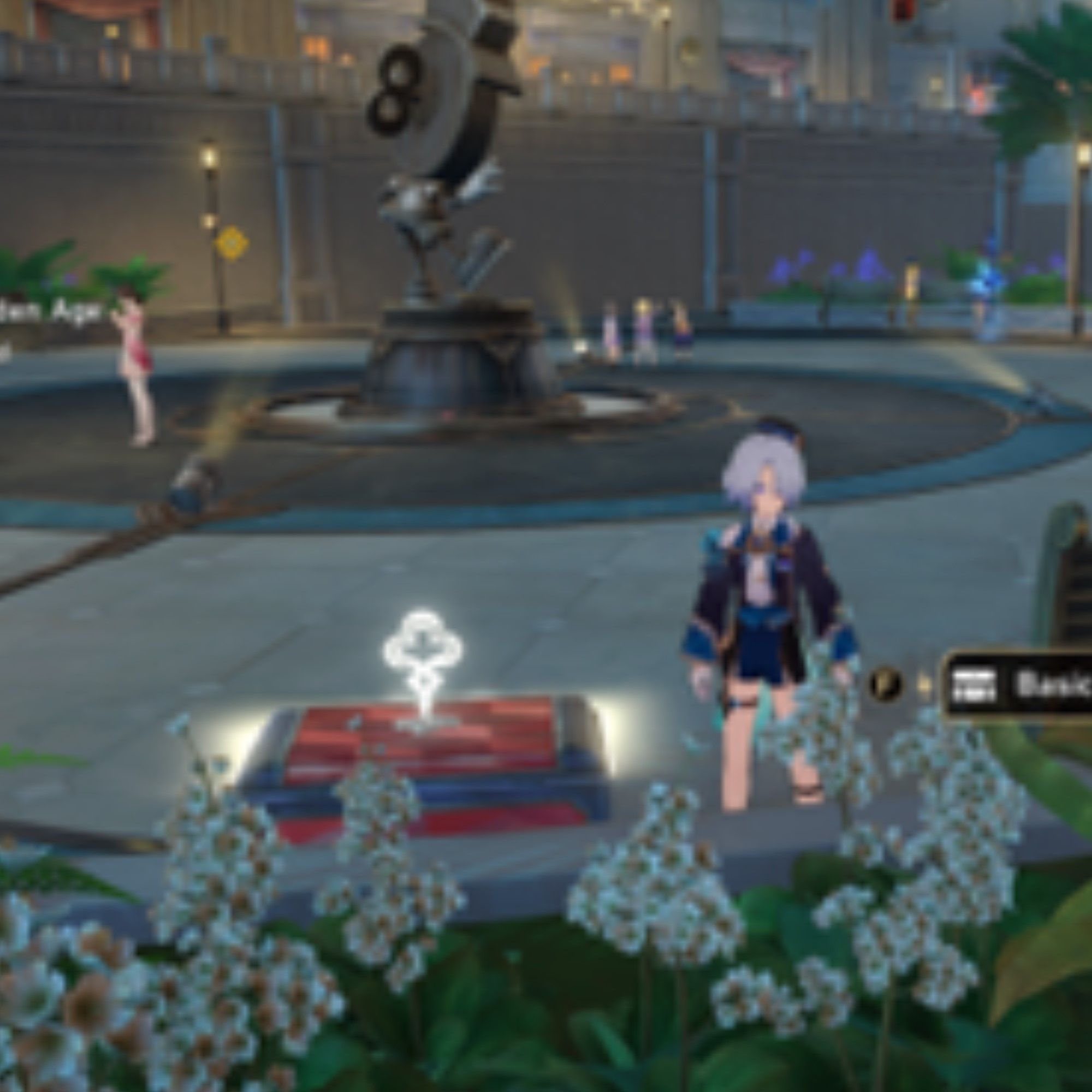 Misha stands near a cartoonish clock statue in Honkai Star Rail.