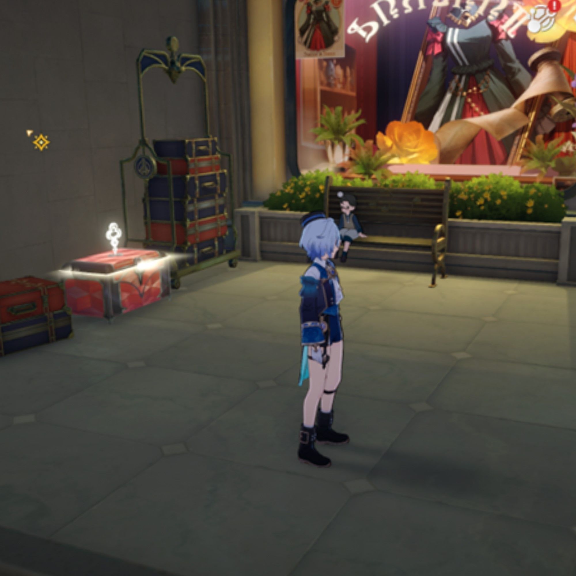 Misha stands in front of a dress shop in Honkai Star Rail.