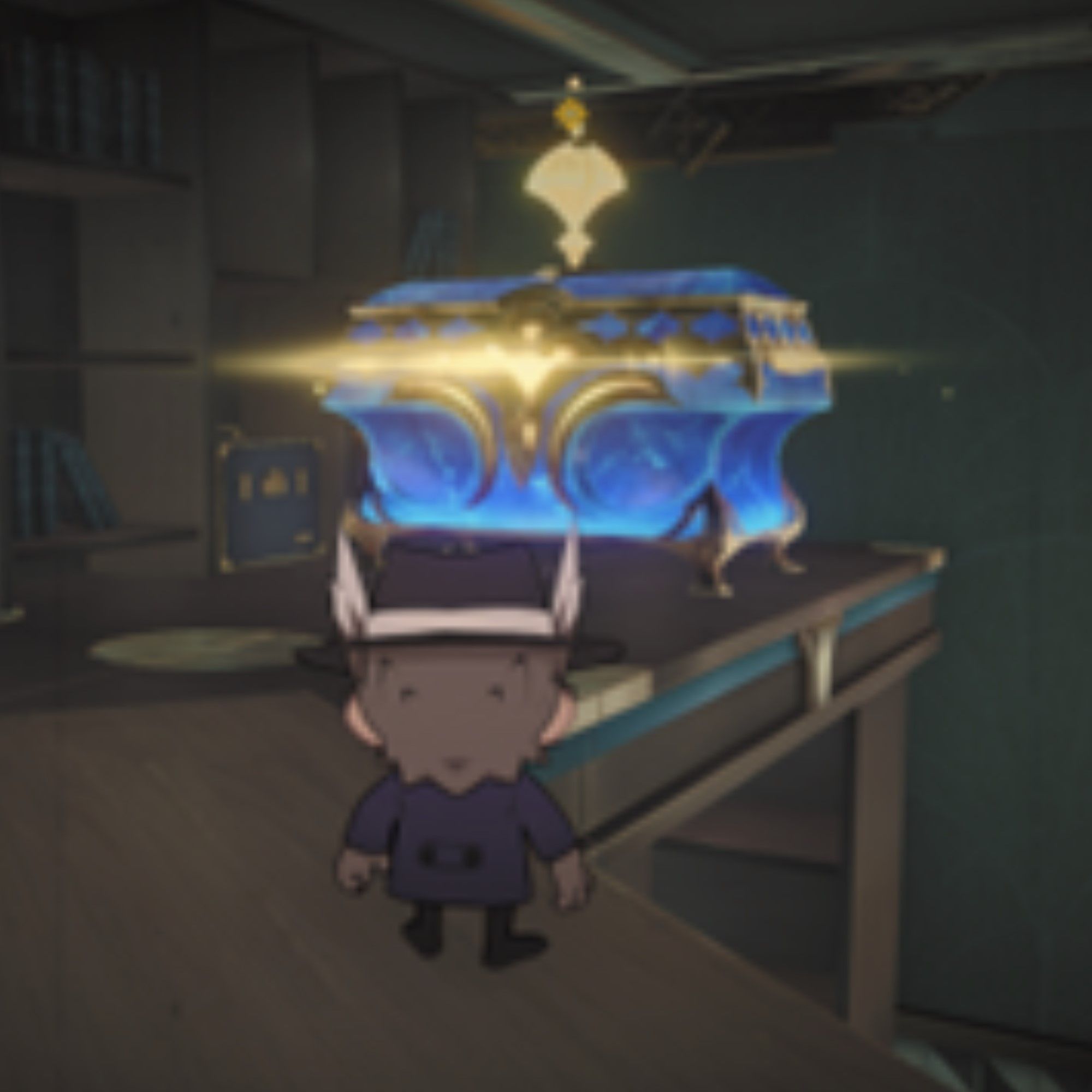 Hanu stands in front of a glowing blue chest in Honkai Star Rail.