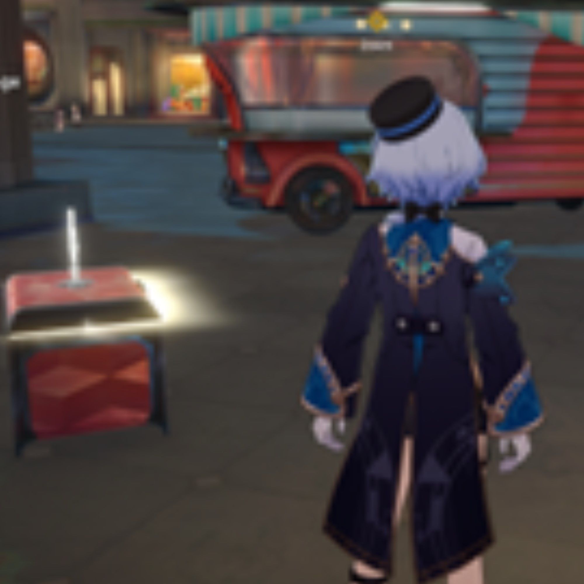 Honkai Star Rail's Misha stands behind a food truck.