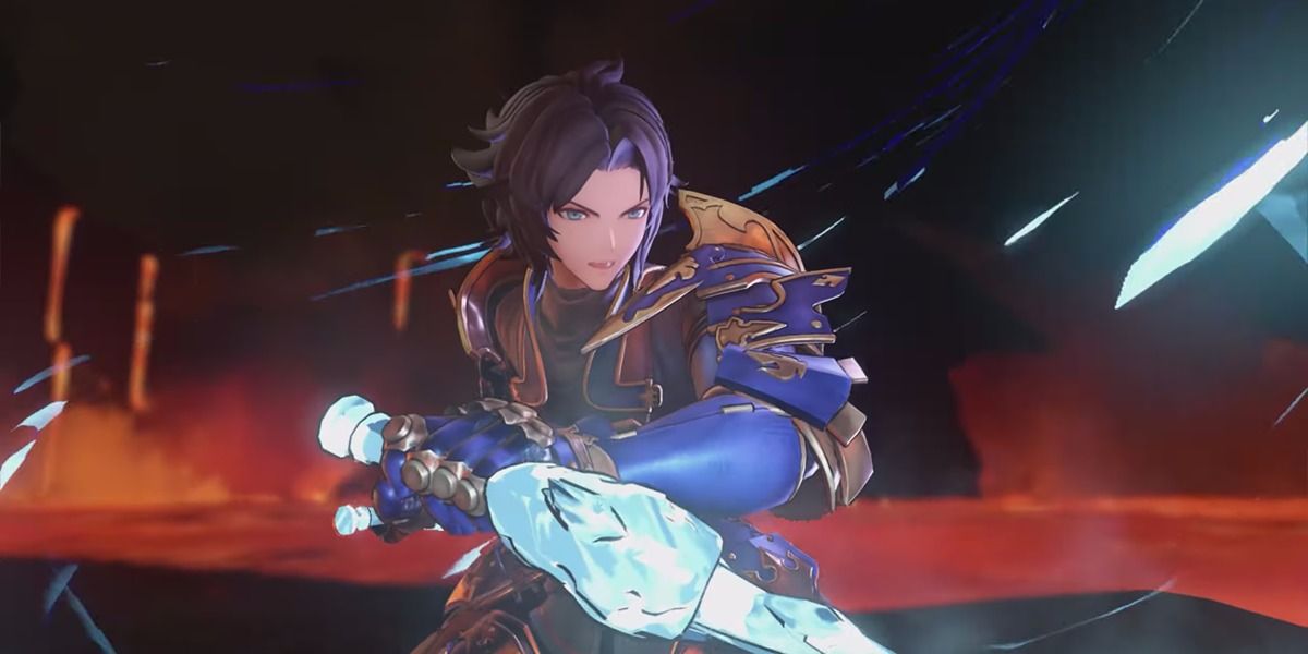 Lancelot in Granblue Fantasy: Rebirth unleashing his sword.