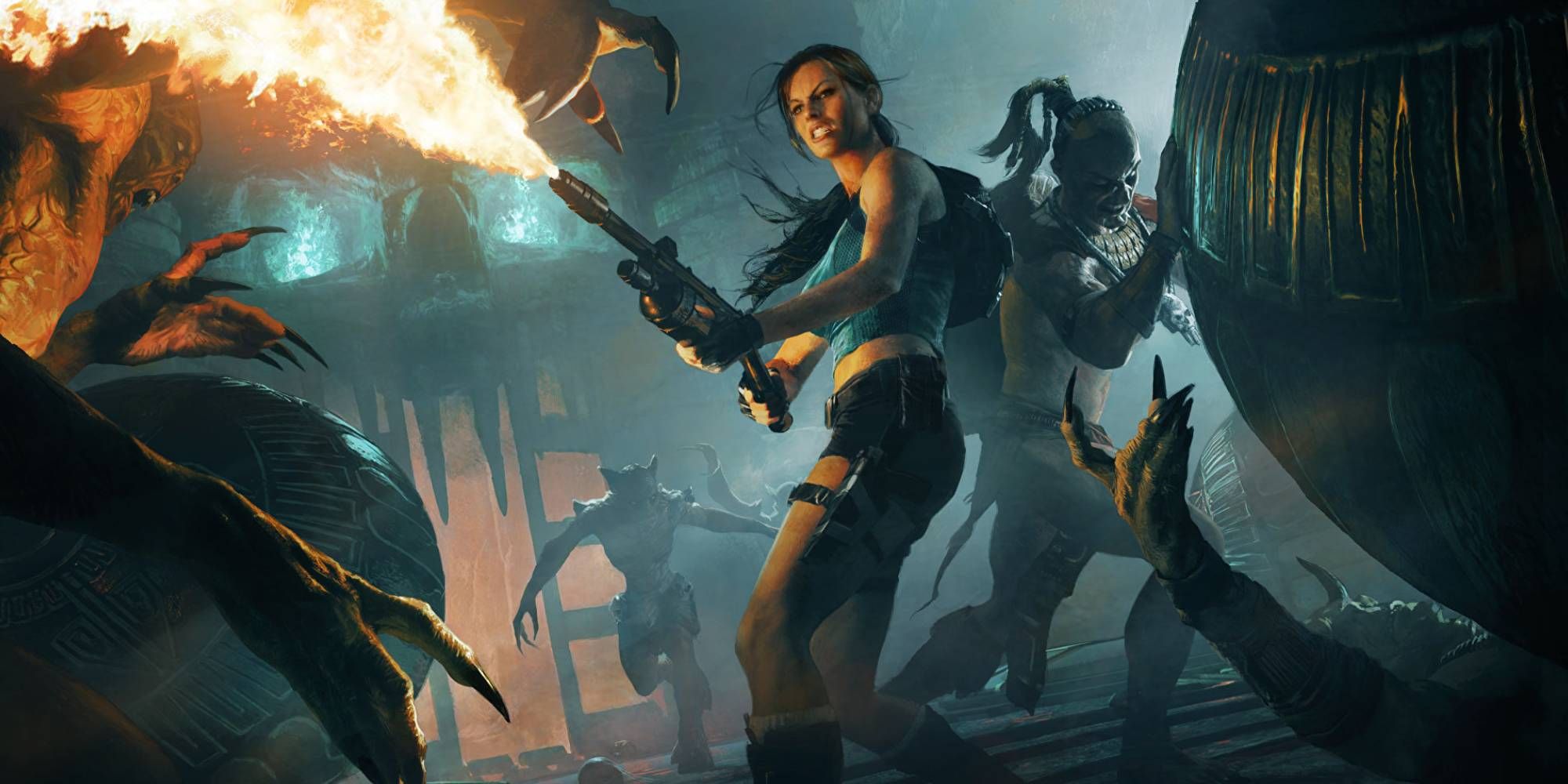Lara Croft using a flamethrower in art for Lara Croft and the Guardian Of Light