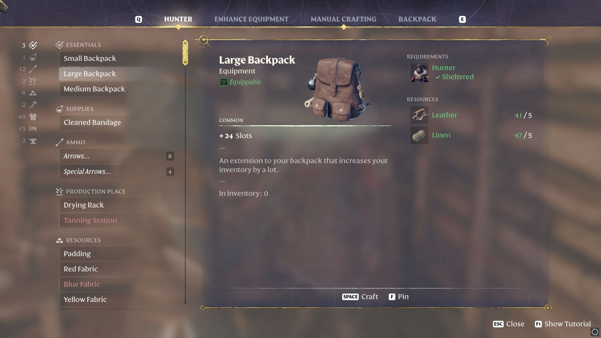 Large Backpack craft from the Hunter crafter