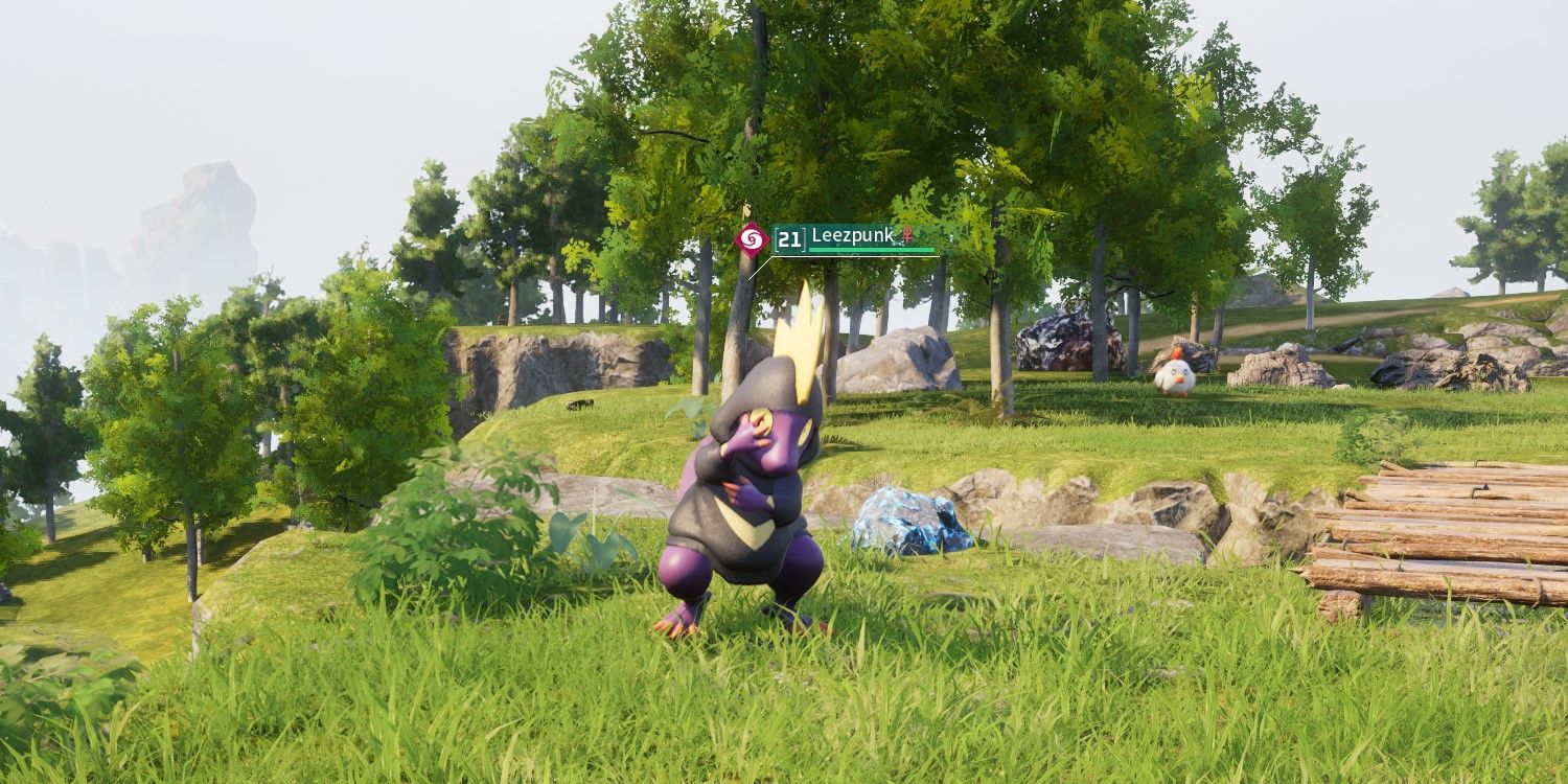 Palworld: Leezpunk posing in a grassy field