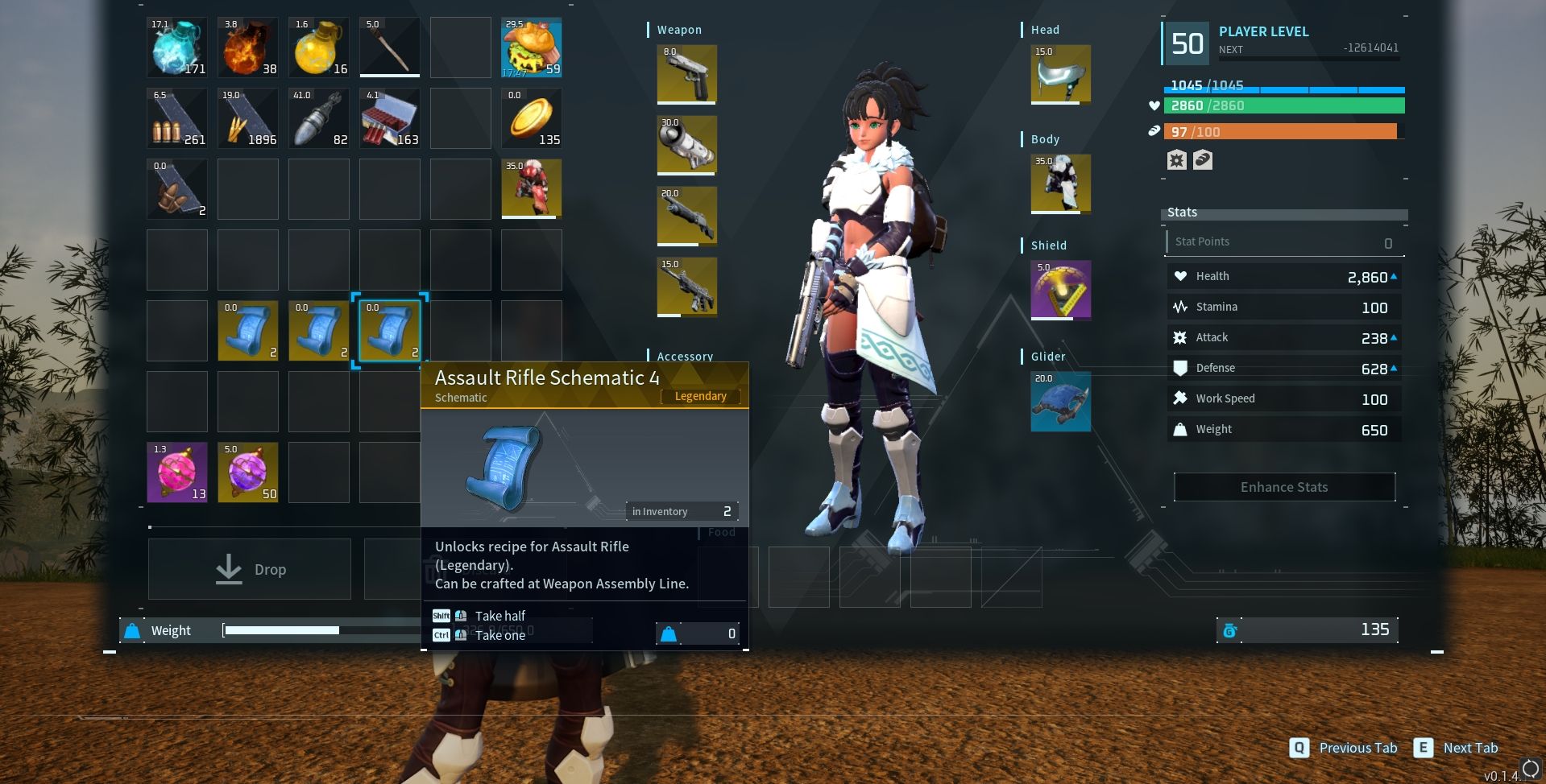 Legendary Assault Rifle Schematic in a player's inventory in Palworld