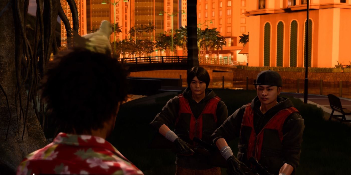 kasuga with a bird on his head talking to poachers