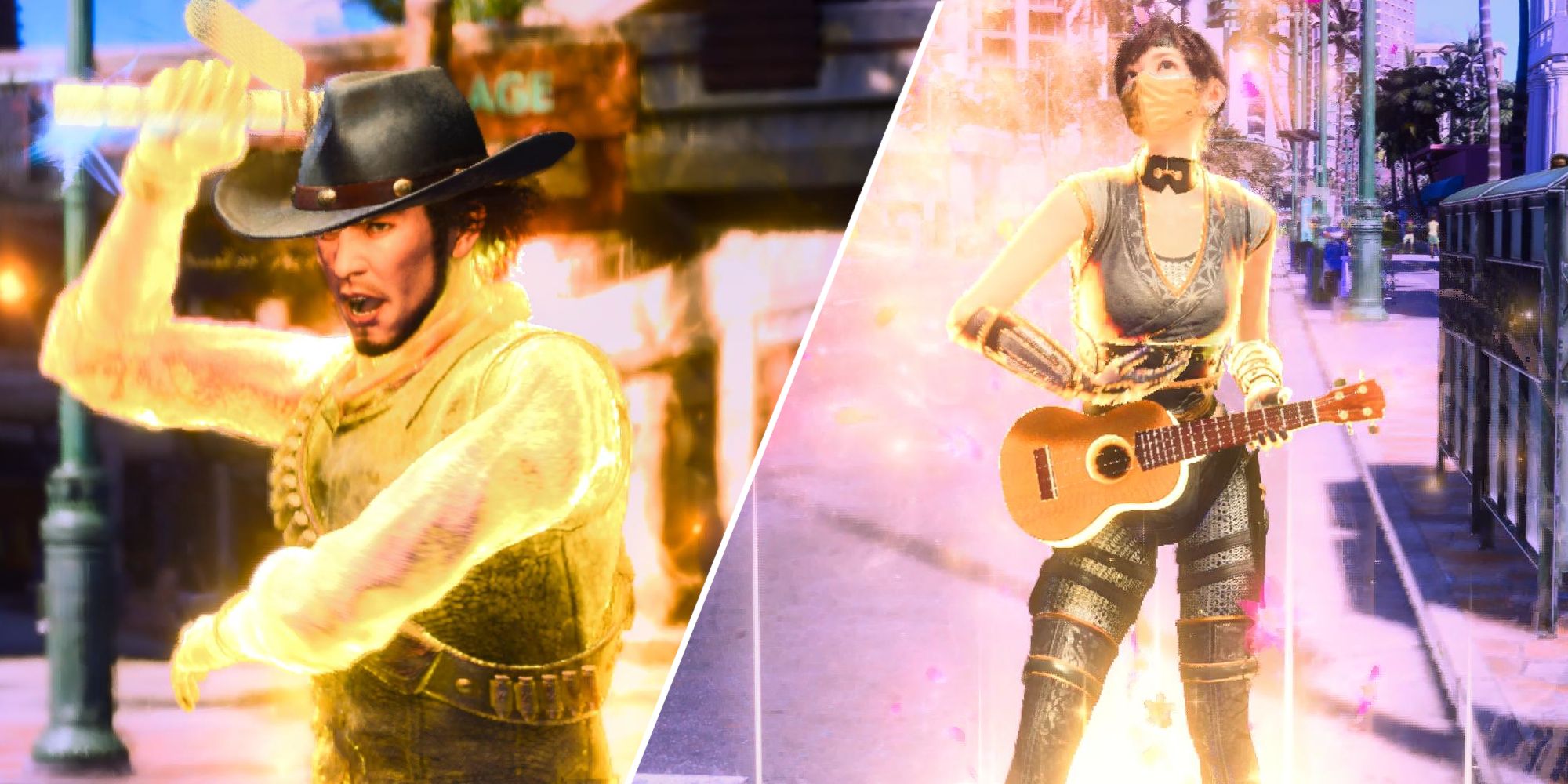 Like A Dragon Infinite Wealth, Split image with a Desperado with nunchucks and Kunoichi with a ukelele