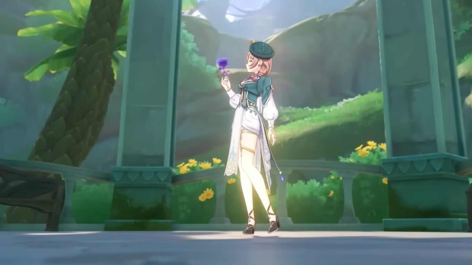 Lisa holds a flower while she stands in a pavilion in Genshin Impact.