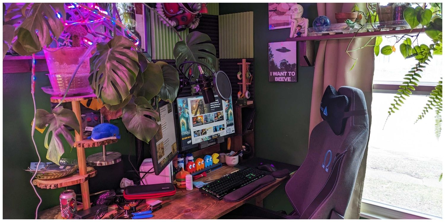An elegant PC setup with a forest color scheme and plants.