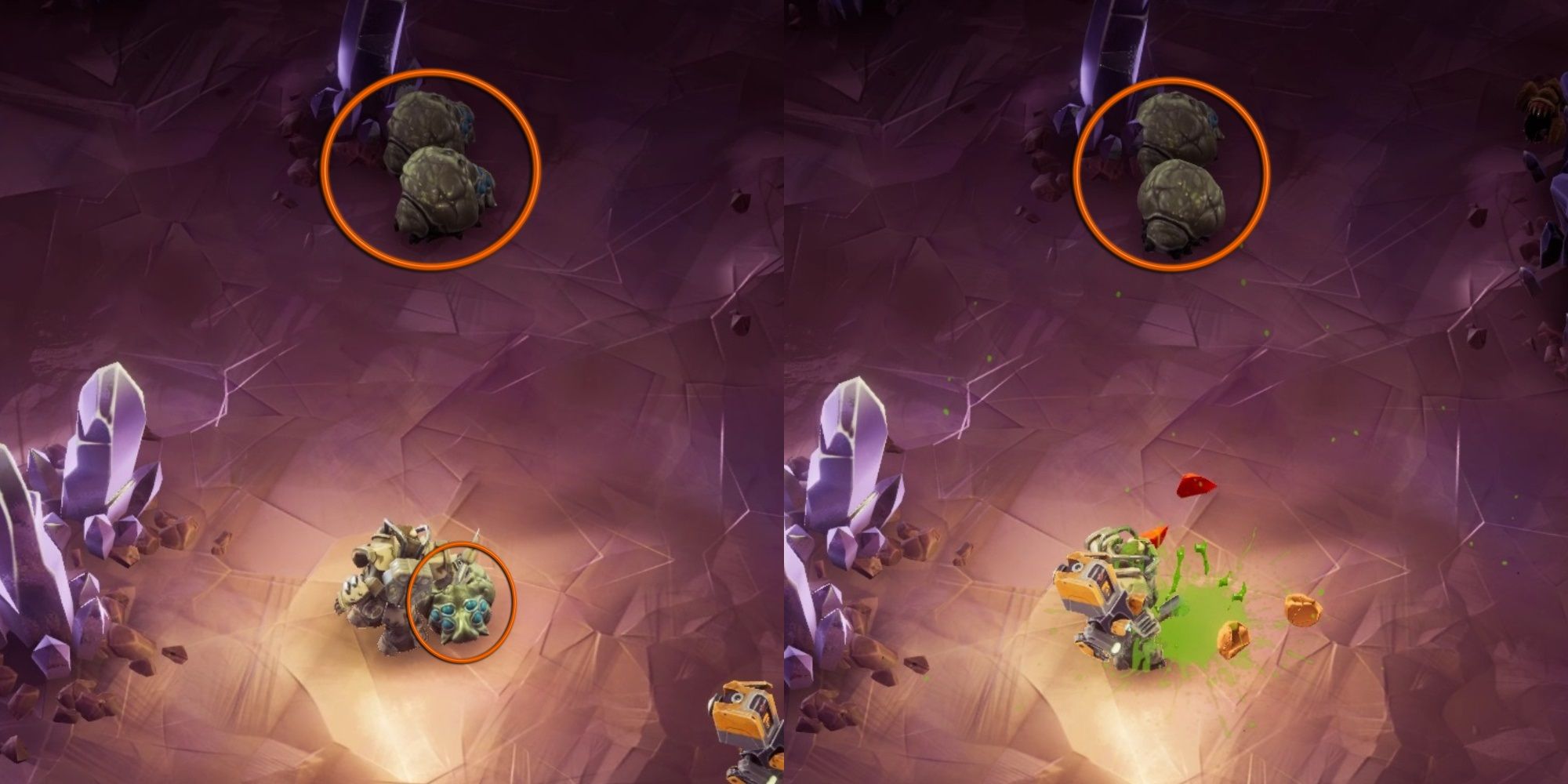 The Gunner mines a Loot Bug. Loot bugs are circled in orange