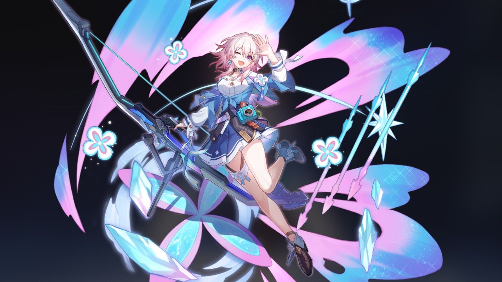 Honai Star Rail's March 7th is surrounded by pink and blue flower-shaped energy.