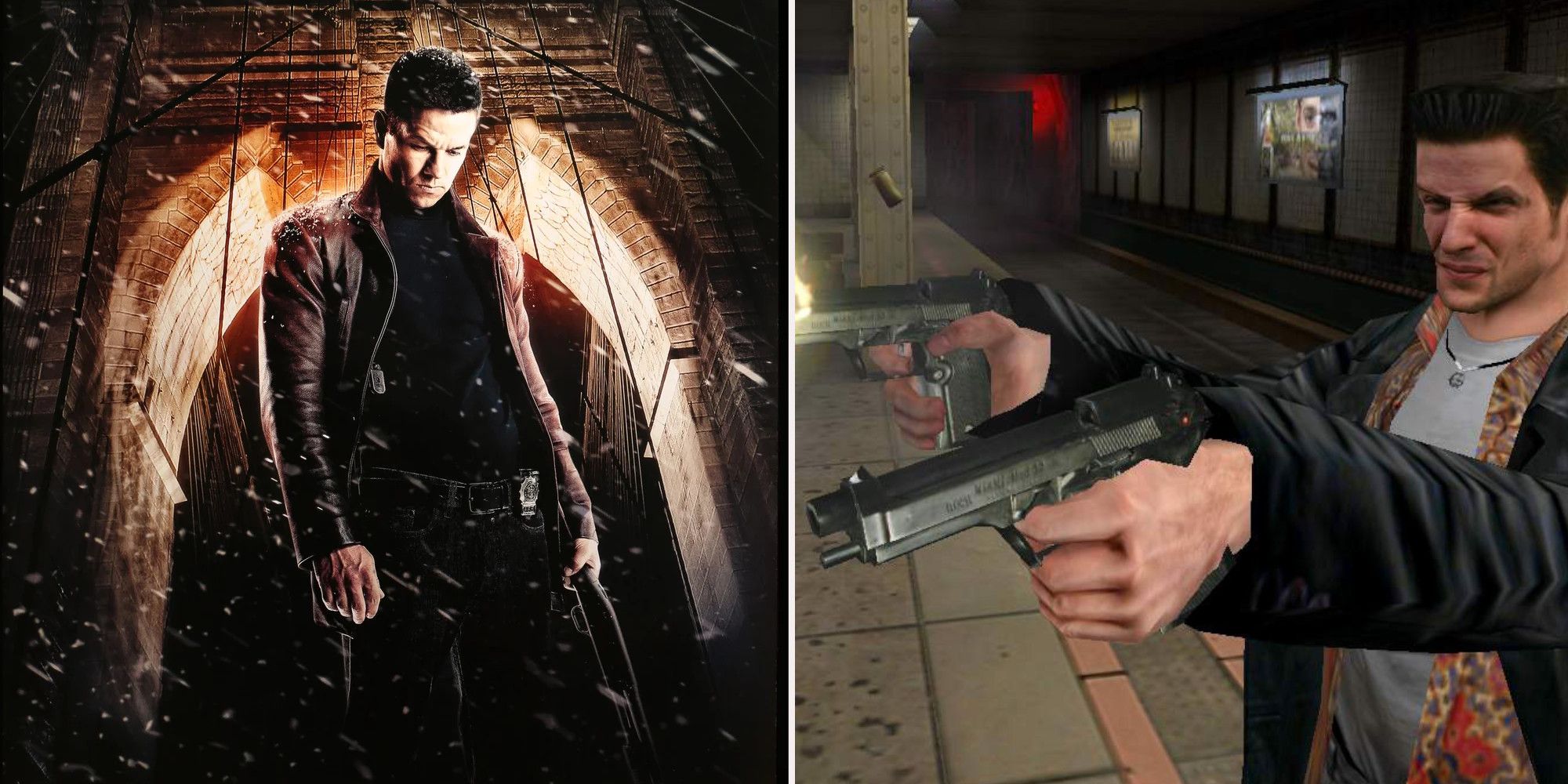 Mark as Max Payne and Max Payne firing dual pistols in subway
