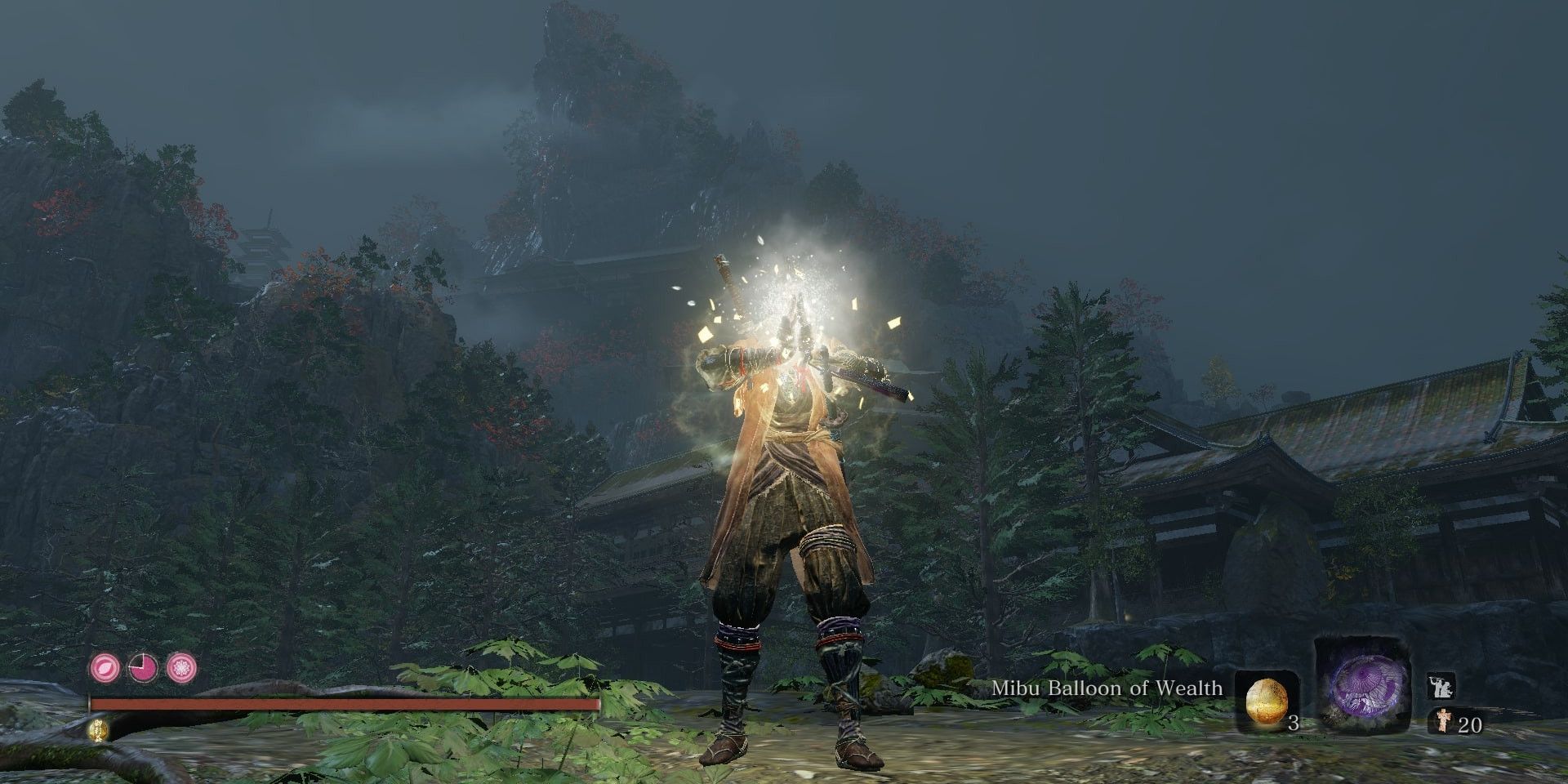 Wolf using Mibu Balloon of Wealth in Sekiro Shadows Die Twice