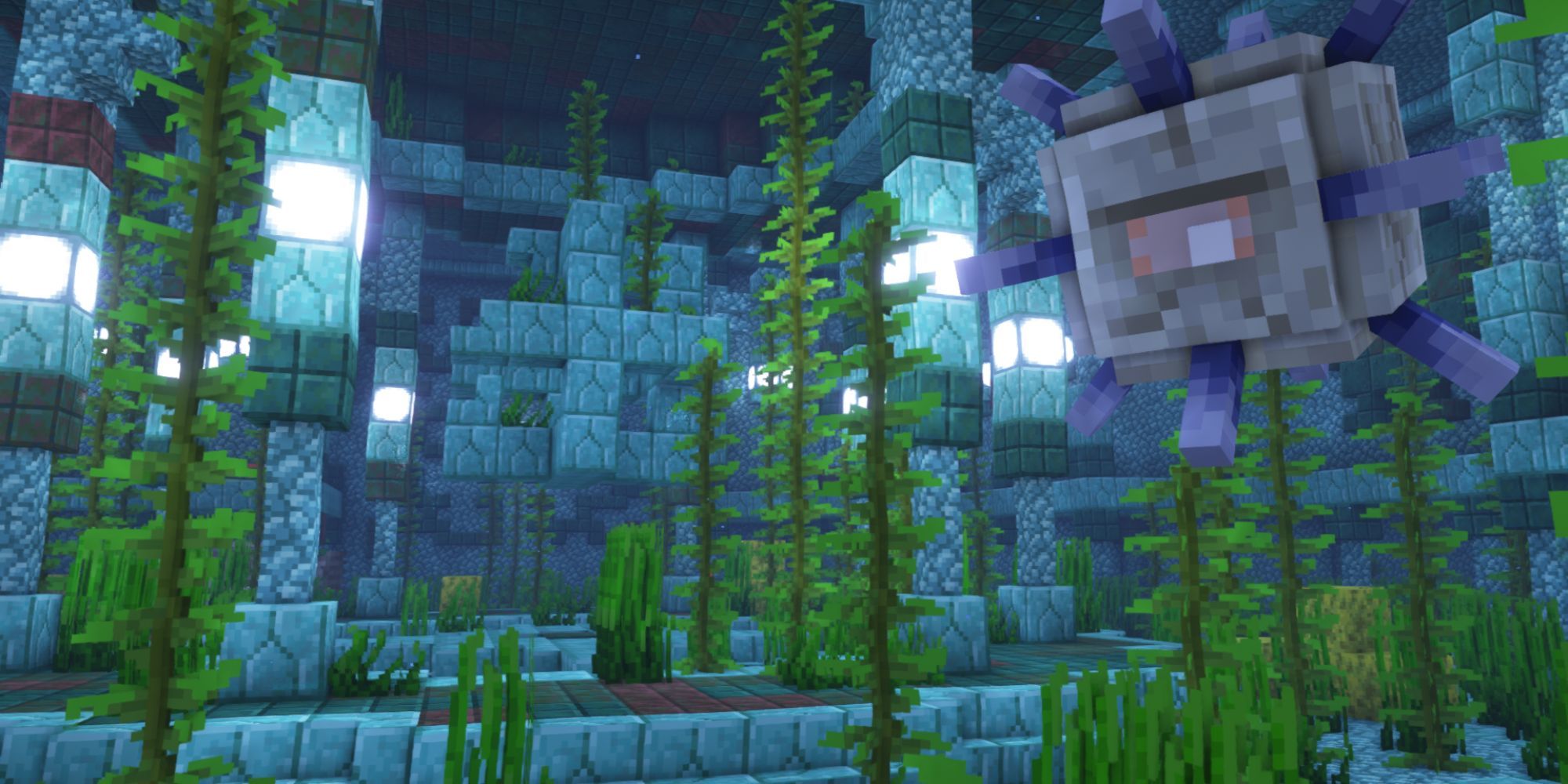 A redesigned ocean monument with a large, gray guardian seen close by.